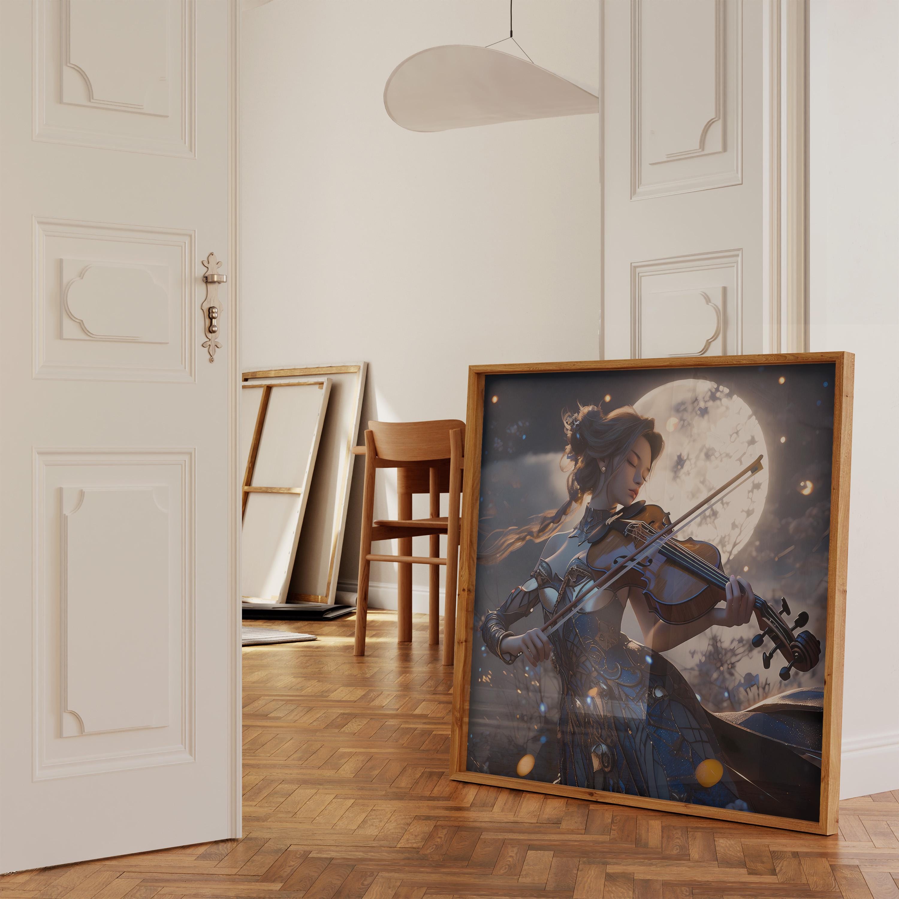 Lunar Sonata: Elegant Violinist in Moonlight Art Print | Romantic & Serene Framed Wall Decor