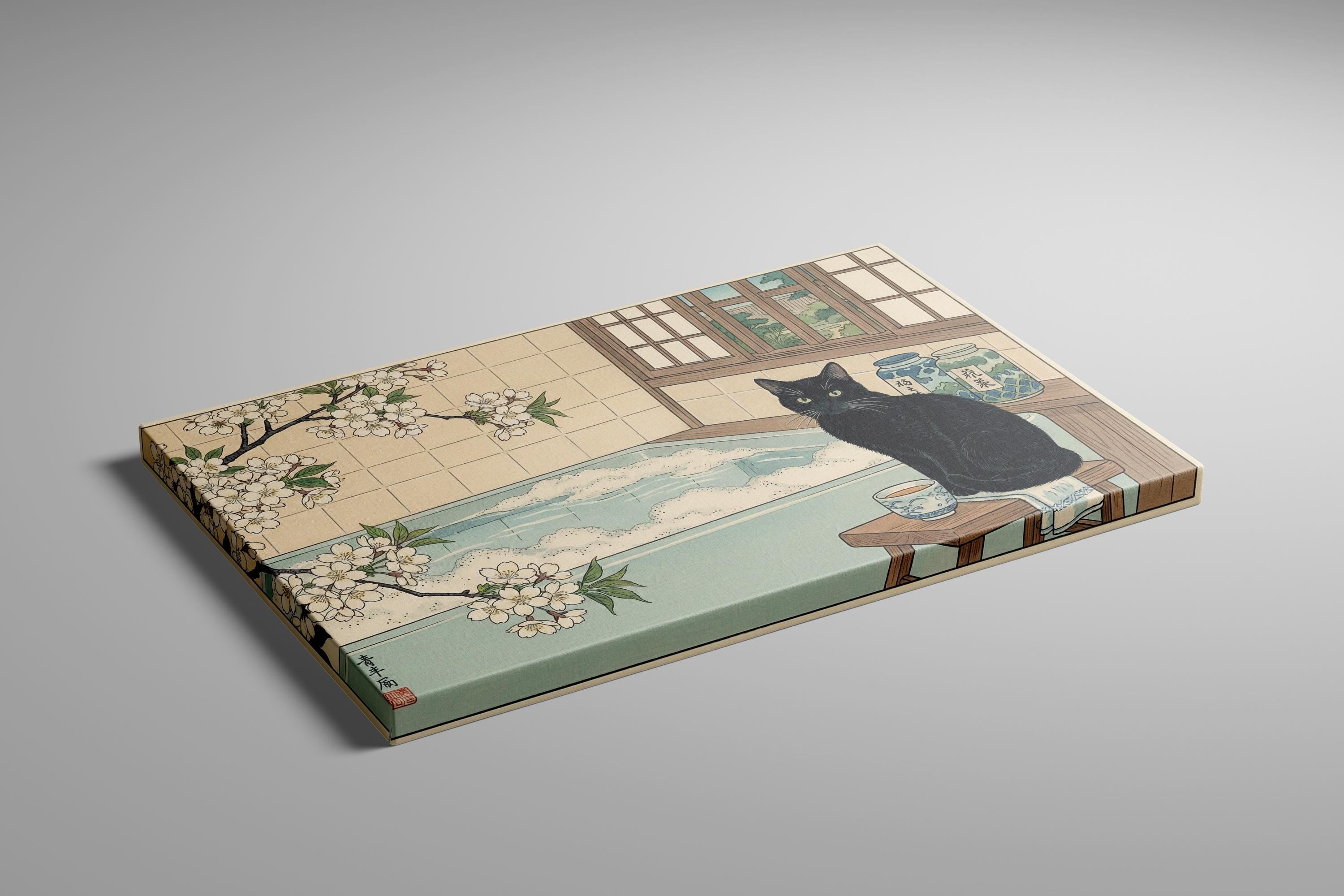 Ukiyo-e Black Cat Wall Art - Japanese Onsen Bathhouse Scene