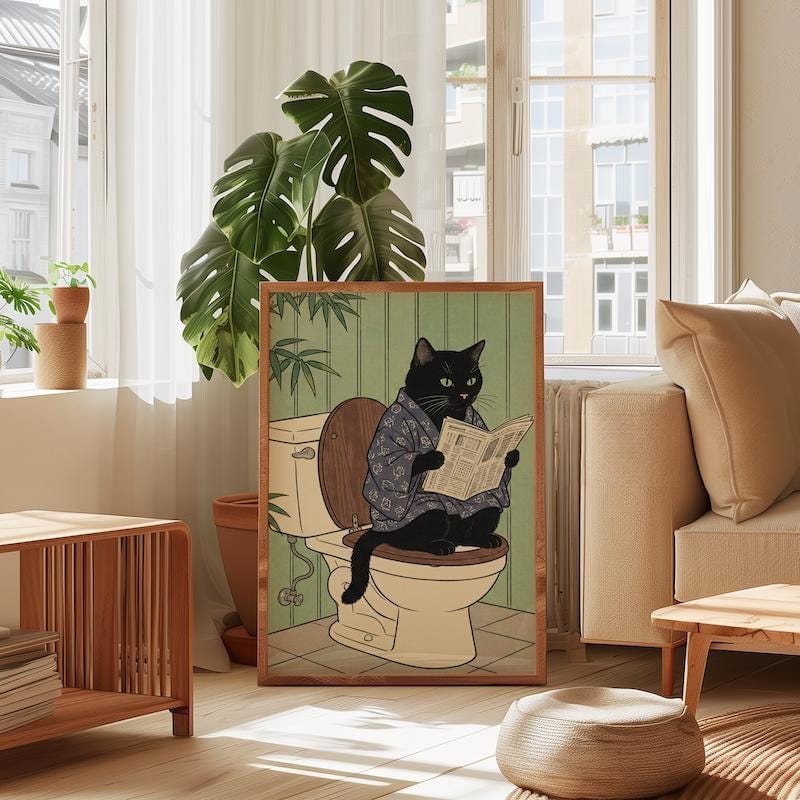 Japanese Style Black Cat Print, Toilet Humor (Canvas or Paper)