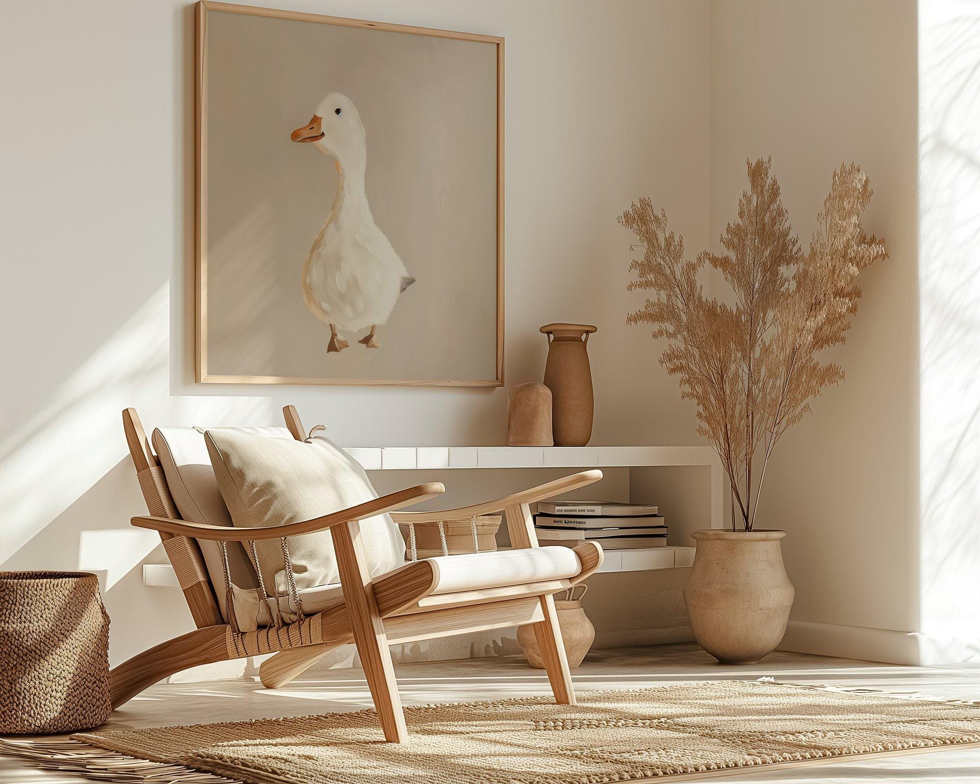 Whimsical Goose Wall Art: Beige Nursery Canvas Print