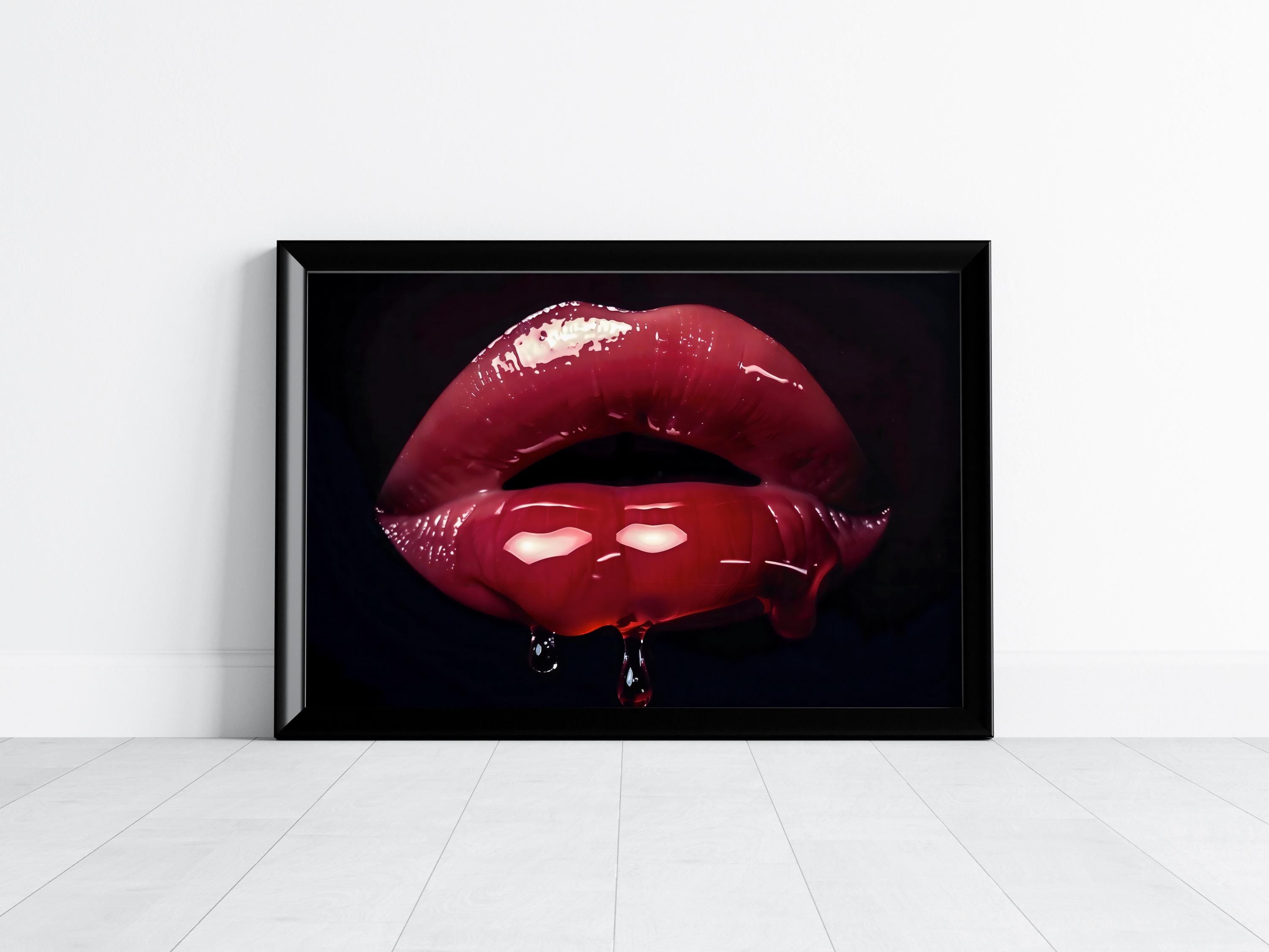 Crimson Whisper: Hyperrealistic Red Lips Art | Modern, Glamorous & Seductive Wall Decor