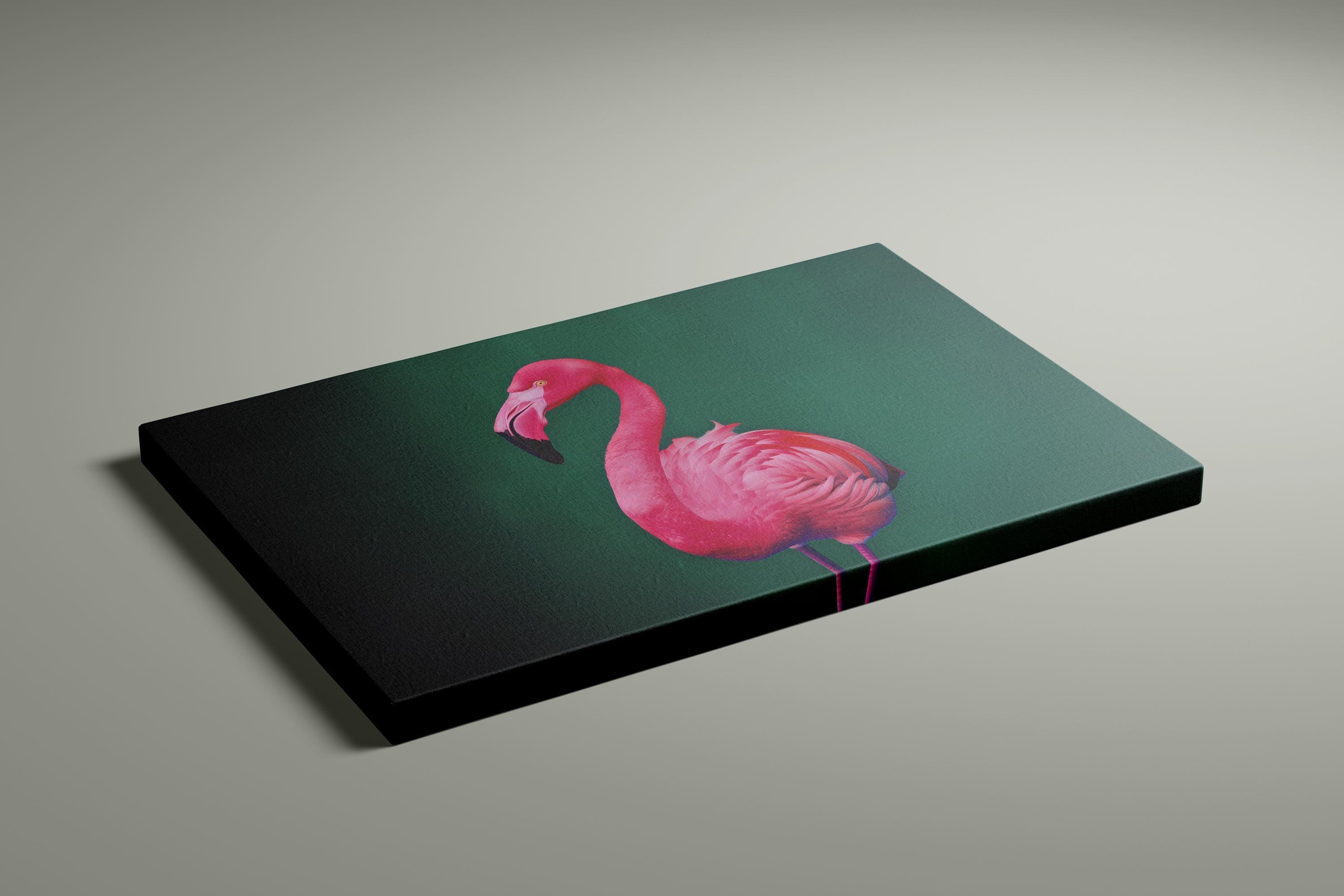 Bright Pink Flamingo Wall Art - Neon Colors with Emerald Green Background