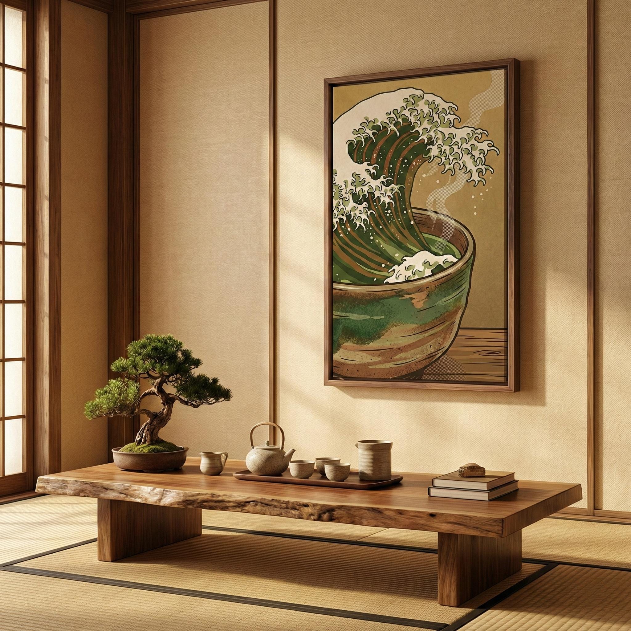 Great Wave Tea Cup Art - Surreal Matcha Print in Sea Foam Green
