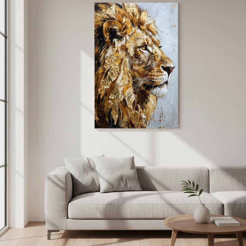 a large, detailed painting of a lion's head hanging on the wall of a modern living room.