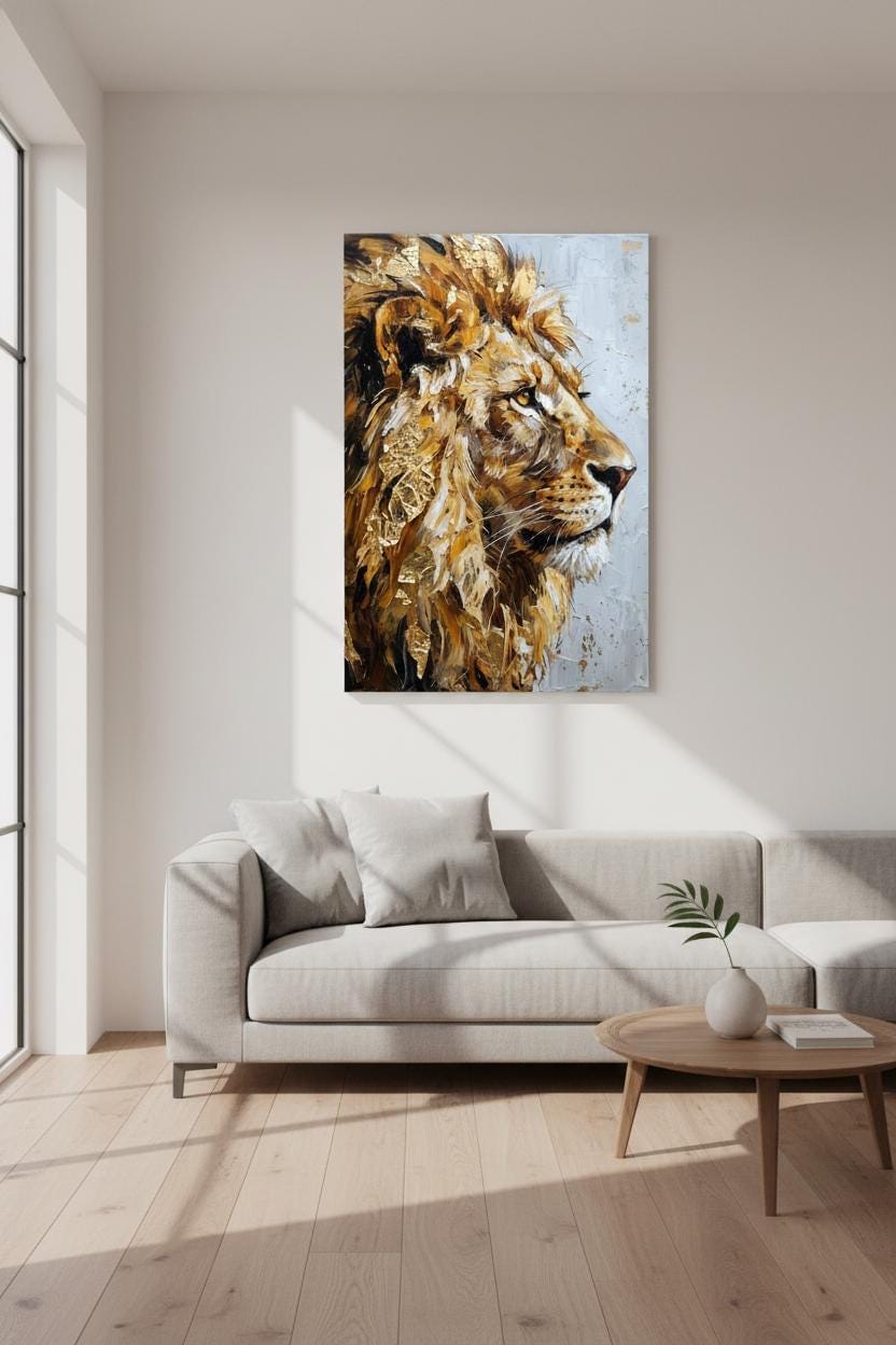a large, detailed painting of a lion's head hanging on the wall of a modern living room.
