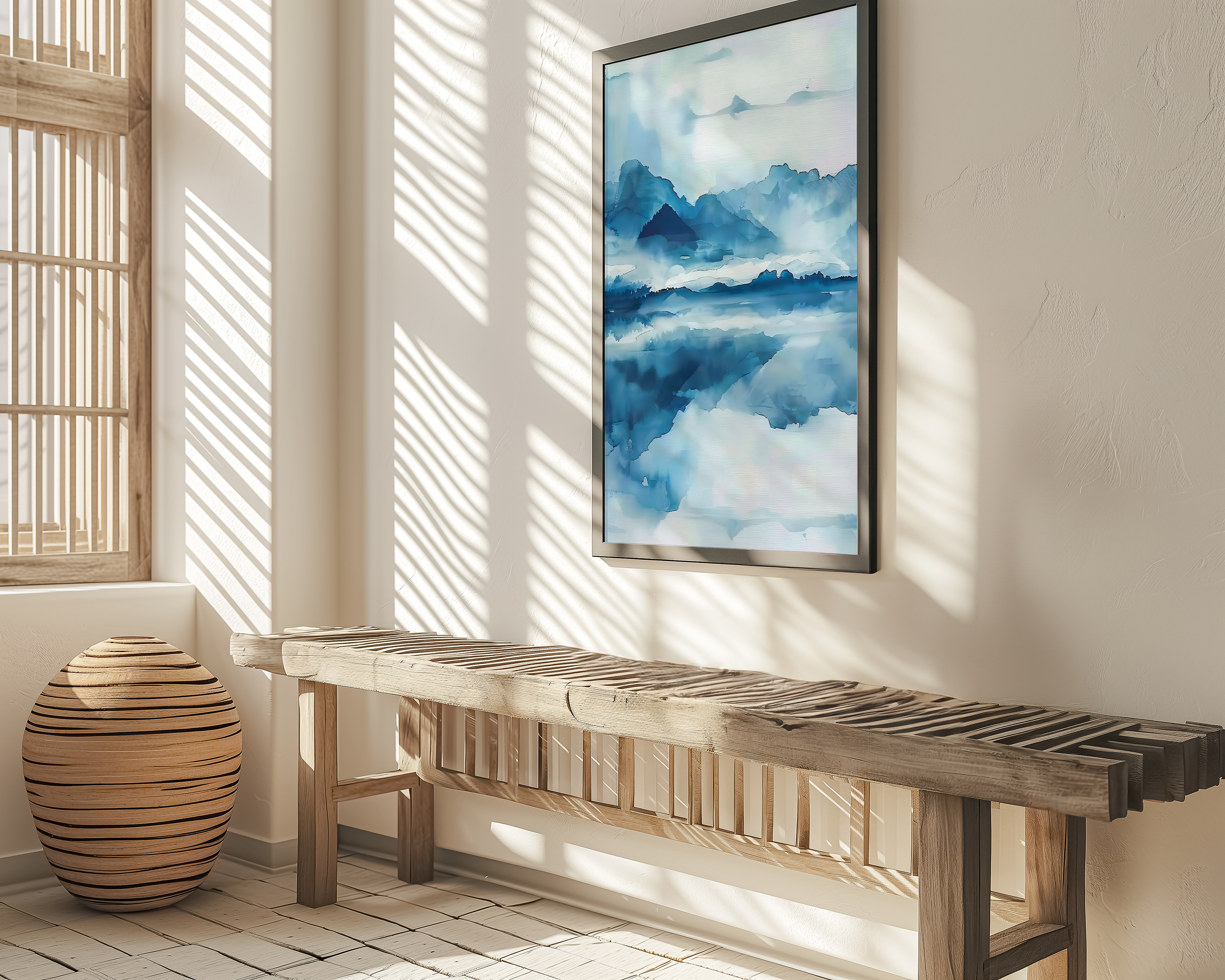 Mountain Serenity: Blue Mountain & Lake Reflection Art | Misty Forest & Tranquil Wall Decor