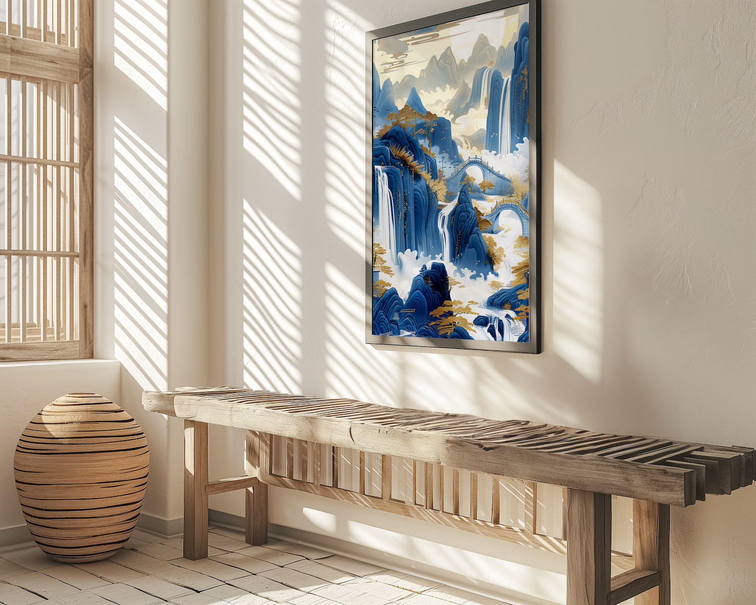 Golden Serenity: Chinese Mountain Landscape with Waterfalls | Traditional Blue & Gold Ink Painting
