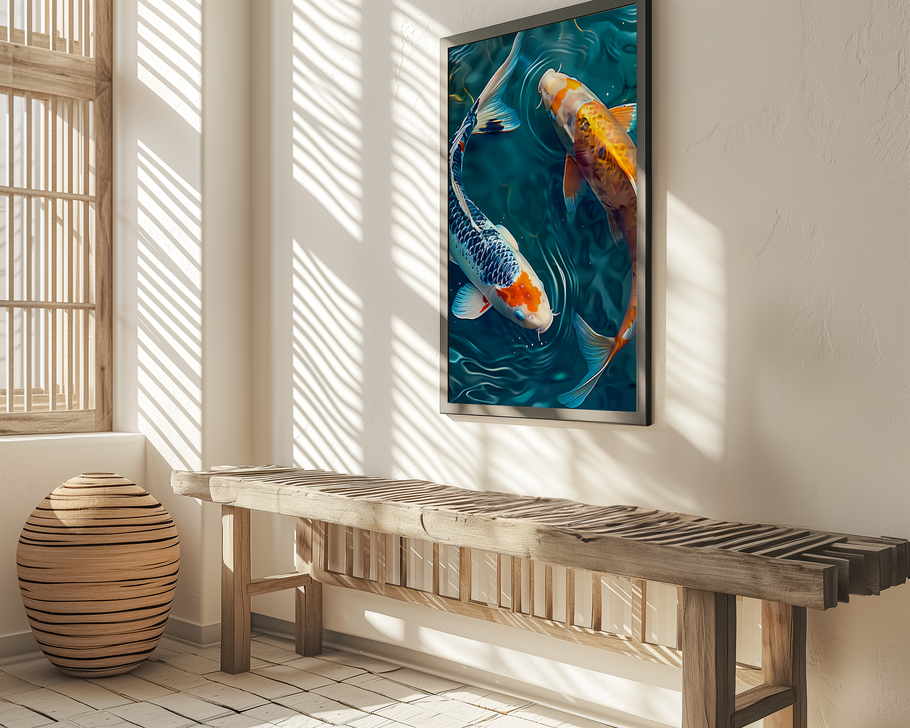 The Yin & Yang: Two Koi Fish in Rippling Pond | Serene & Elegant Japanese Inspired Art