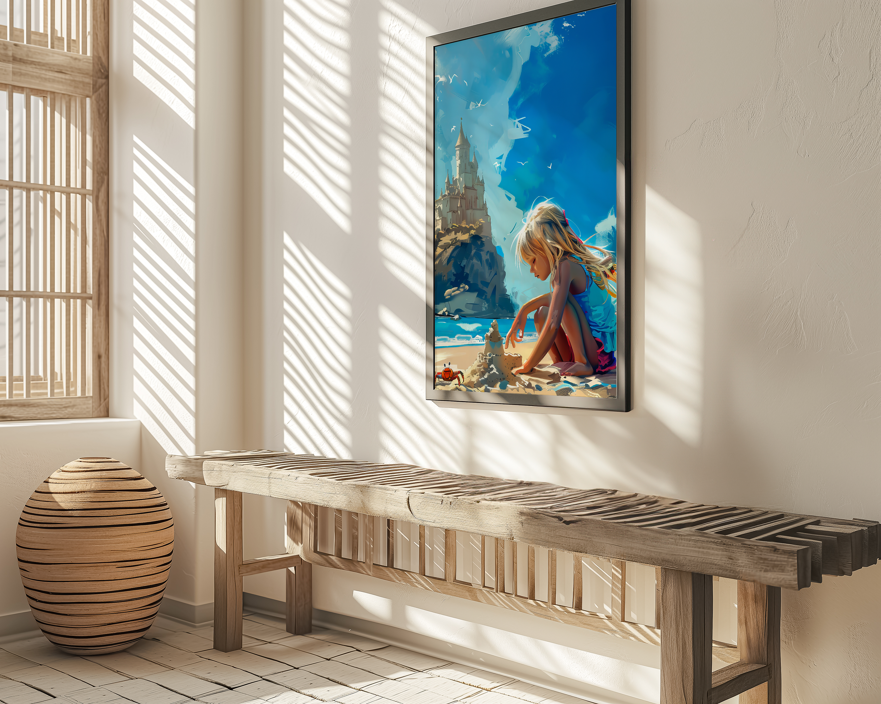 The Little Architect: Whimsical Girl Building Sandcastle Art | Childhood Beach & Nursery Decor