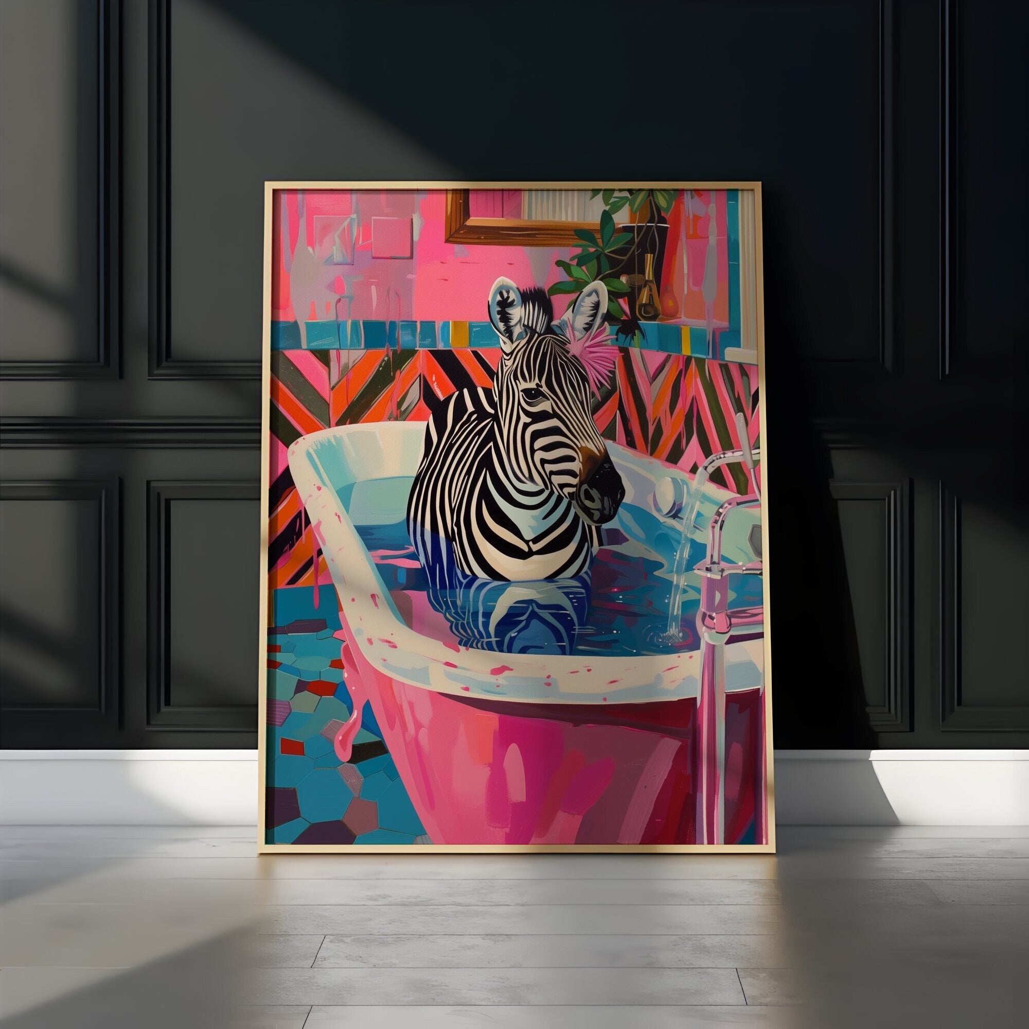 The Eccentric Bather: Chic Zebra in Pink Bathtub Art | Maximalist & Preppy Bathroom Decor
