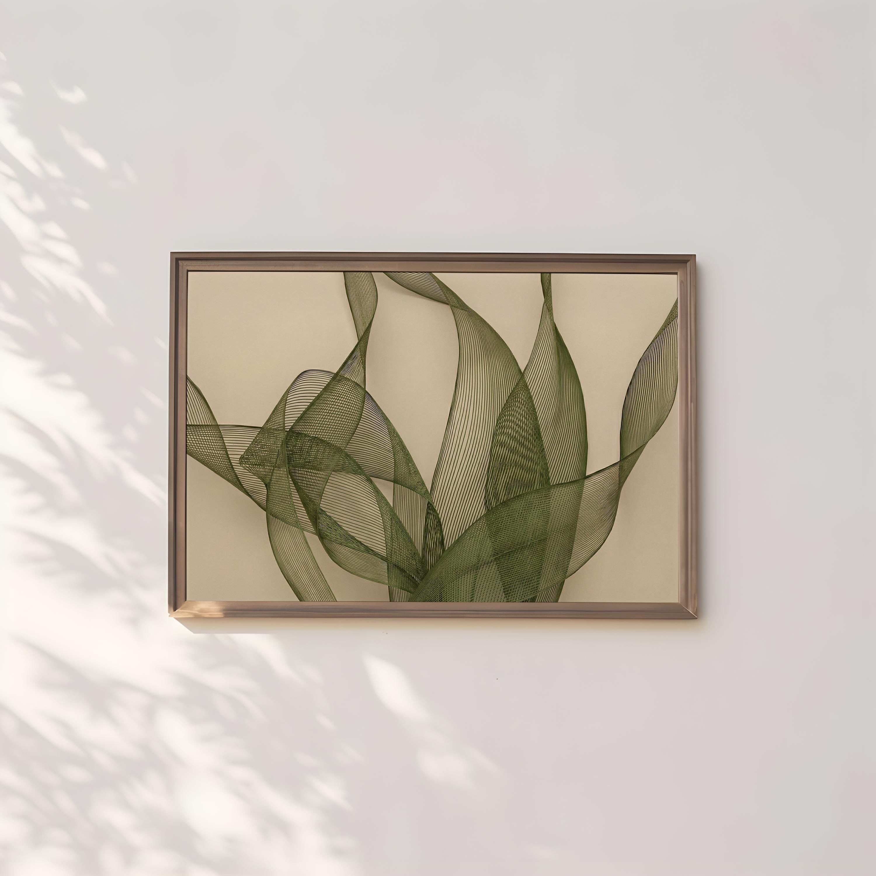 Abstract Olive Green Wall Art: Modern Sage and Beige Mesh Print