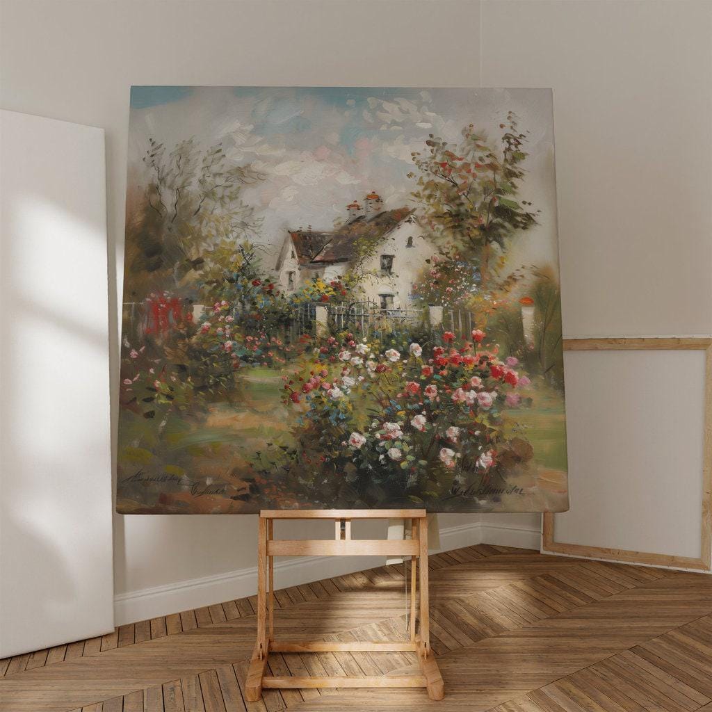 Vintage Rose Cottage Canvas, Summer Charm, Rustic Farmhouse (Ready to Hang)