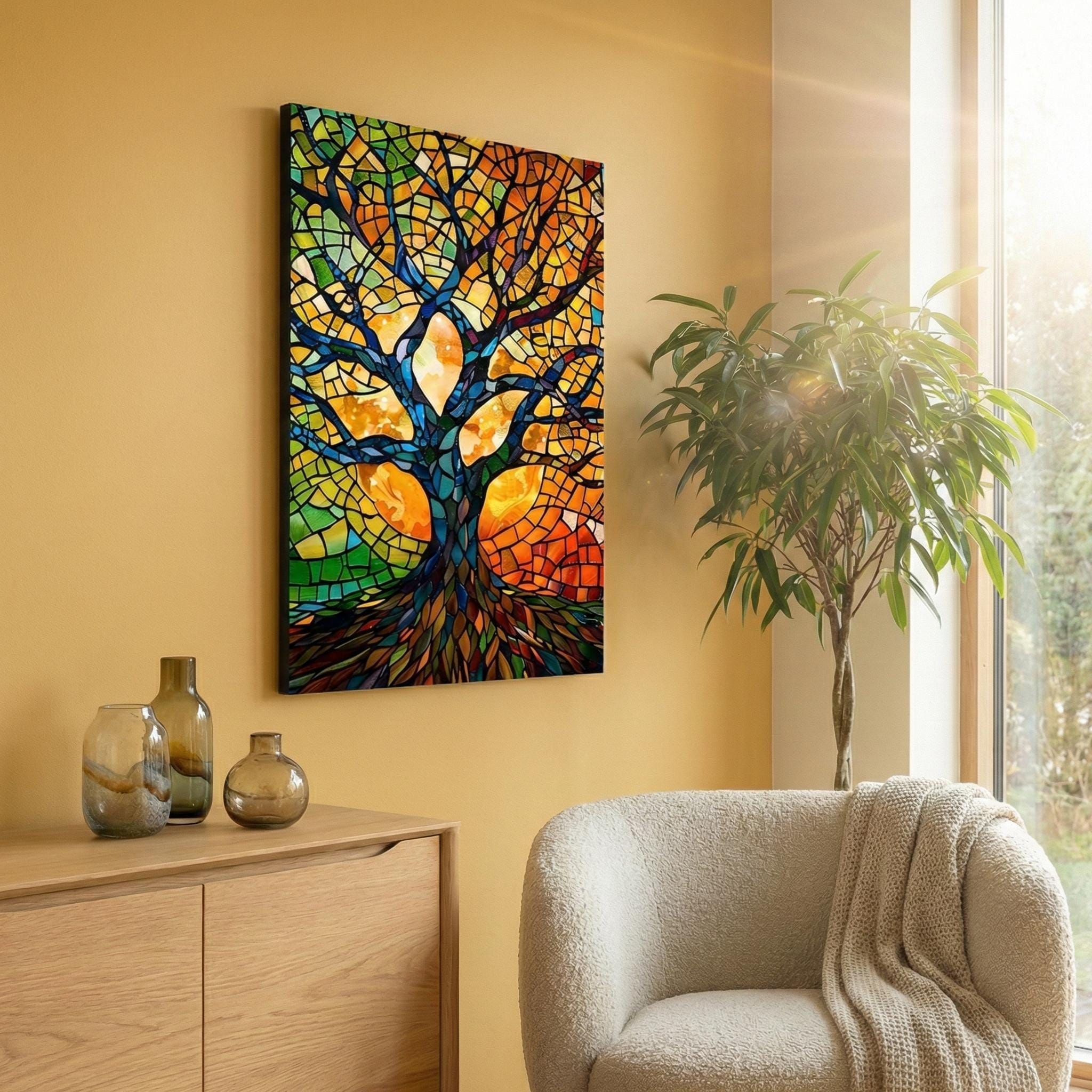 Abstract Mosaic Tree Wall Art - Bright Stained Glass Colors