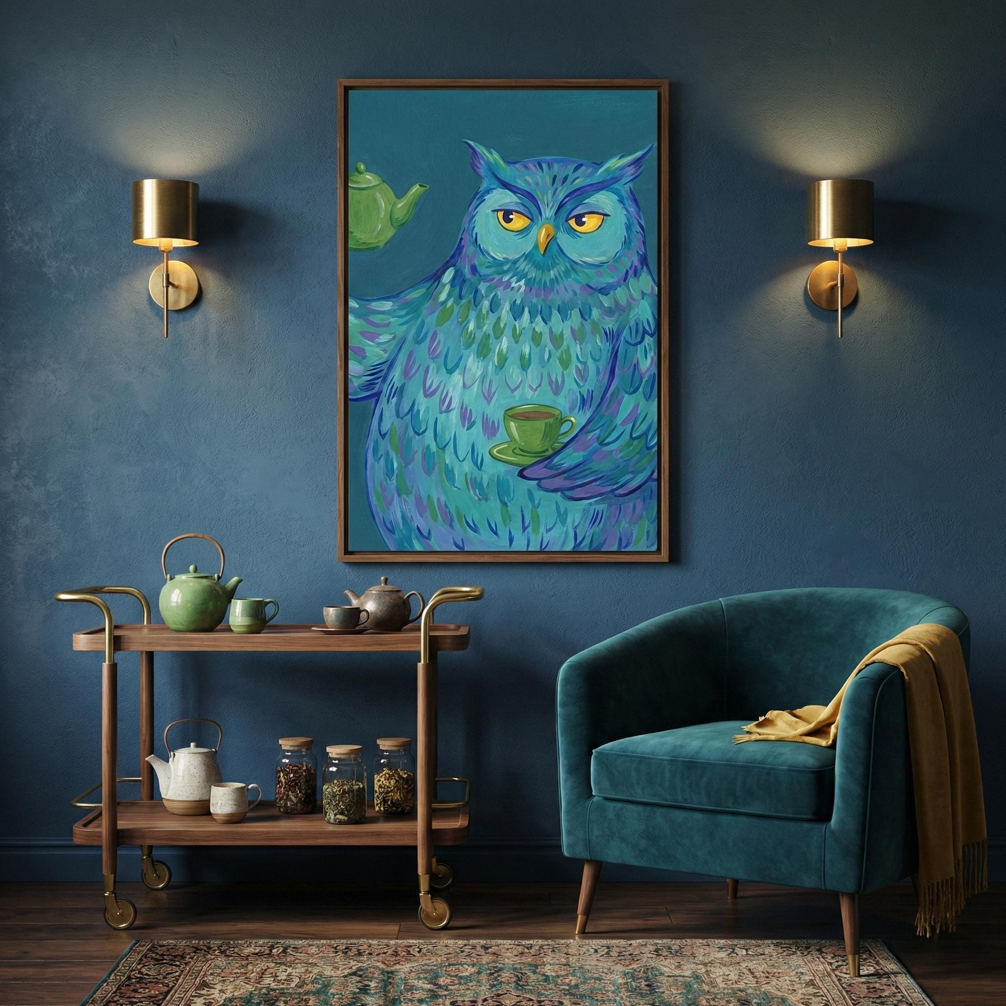 Funny Blue Owl Art Print: Whimsical Tea Time Kitchen Decor
