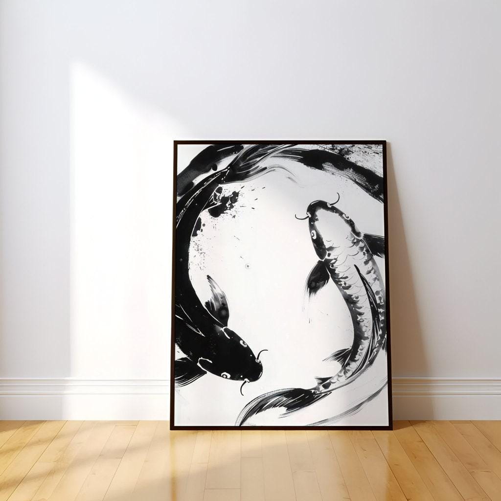 The Dance of Two: Abstract Black & White Koi Fish Art | Modern & Serene Wall Decor