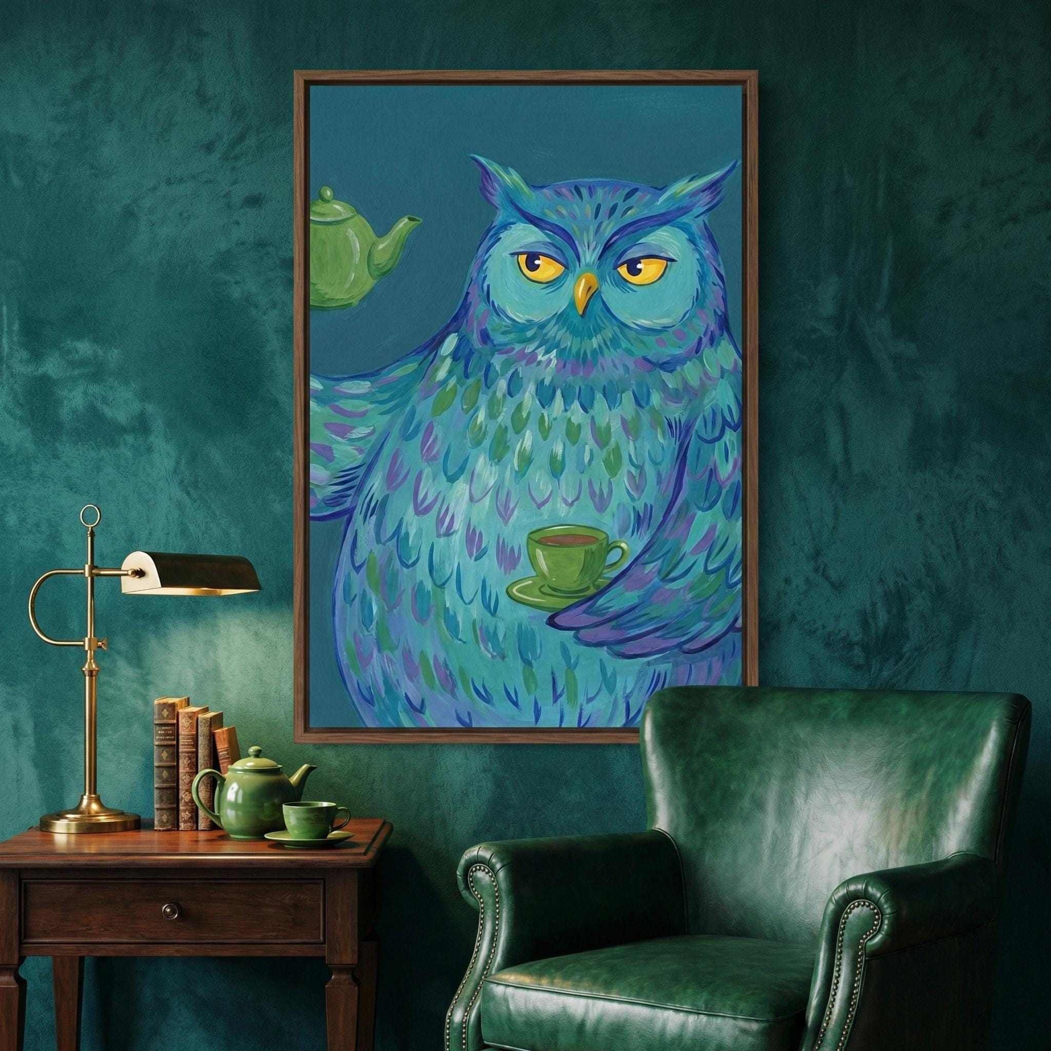 Funny Blue Owl Art Print: Whimsical Tea Time Kitchen Decor