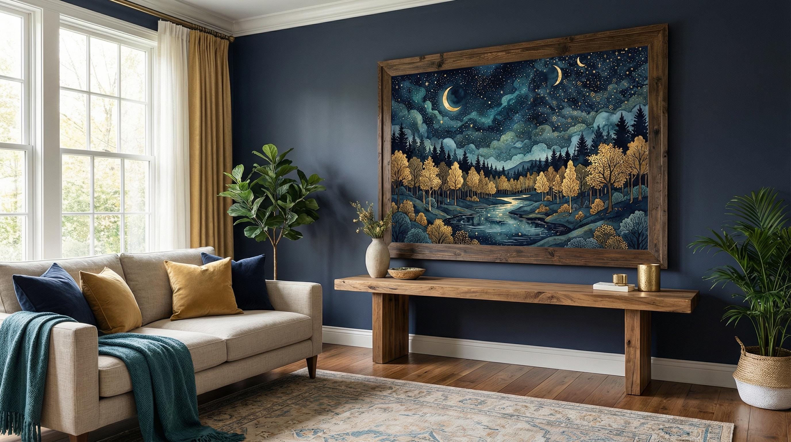 Wall Art Print: Golden Moon and Stars - Blue Abstract Design