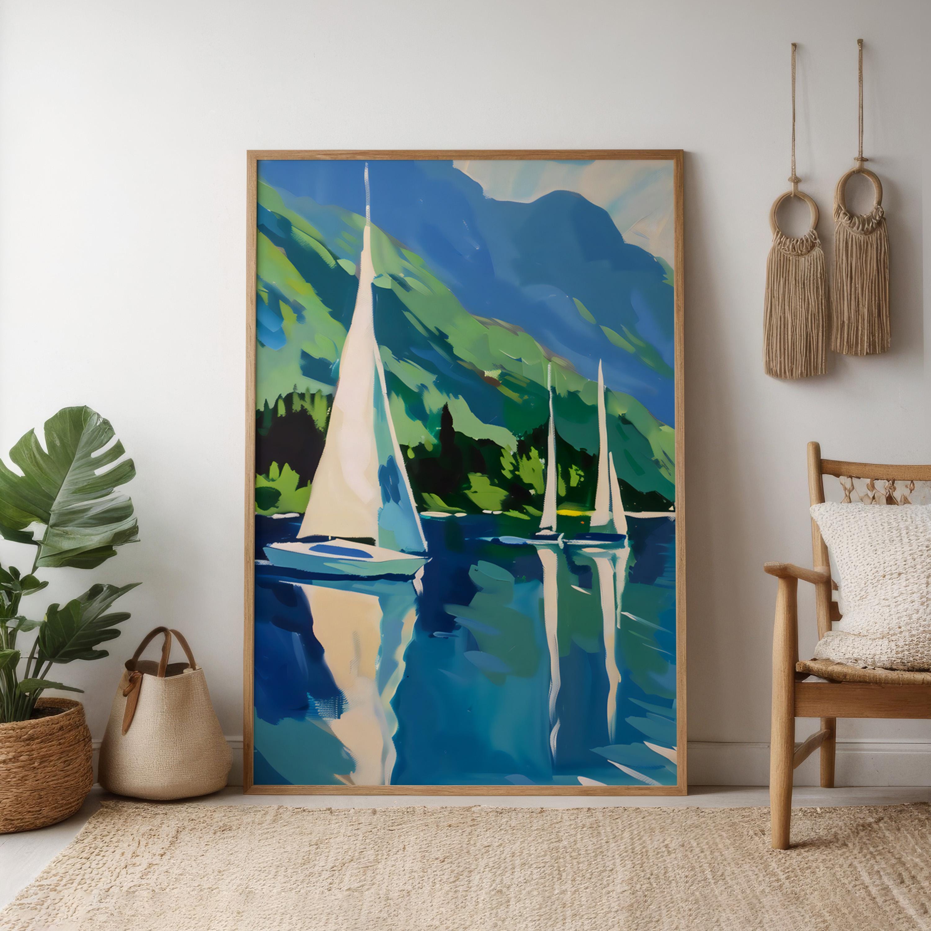 Mountain Lake Serenity: Tranquil Sailboat Canvas Art | Picturesque Blue & Green Landscape Decor