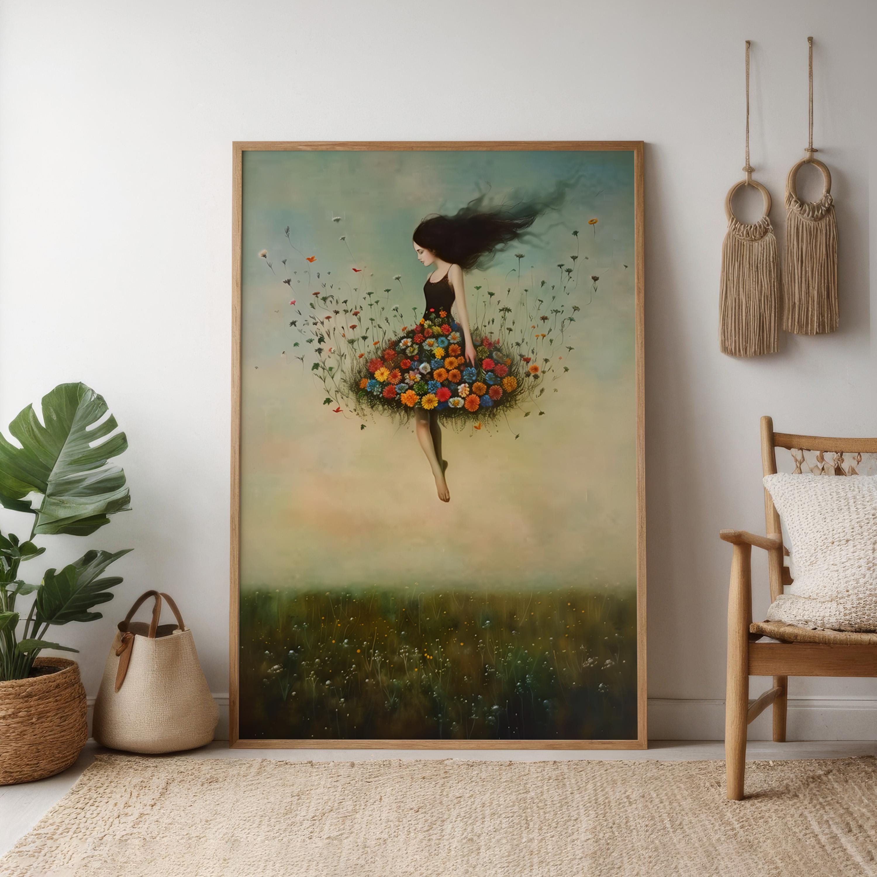 The Ascension: Surreal Woman Floating in a Vortex of Flowers | Fantastical & Ethereal Wall Art