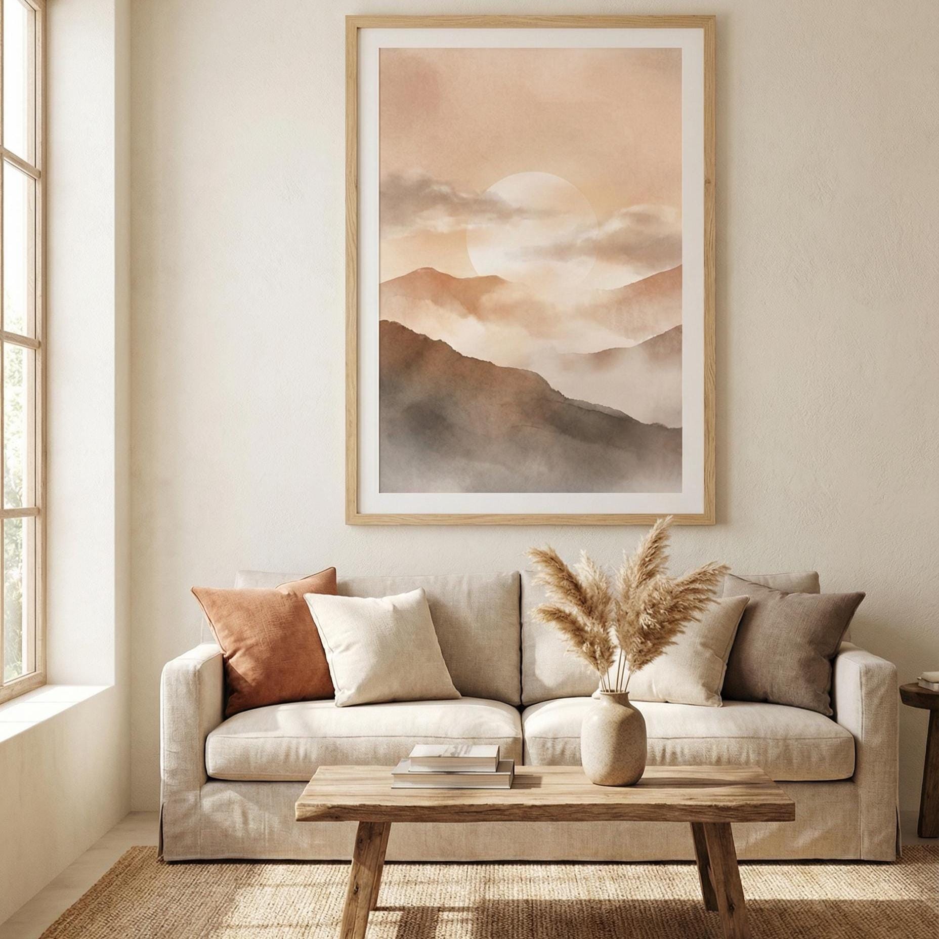 Moonlit Mountain Wall Art Print: Cloudy Sky, Orange Sunset