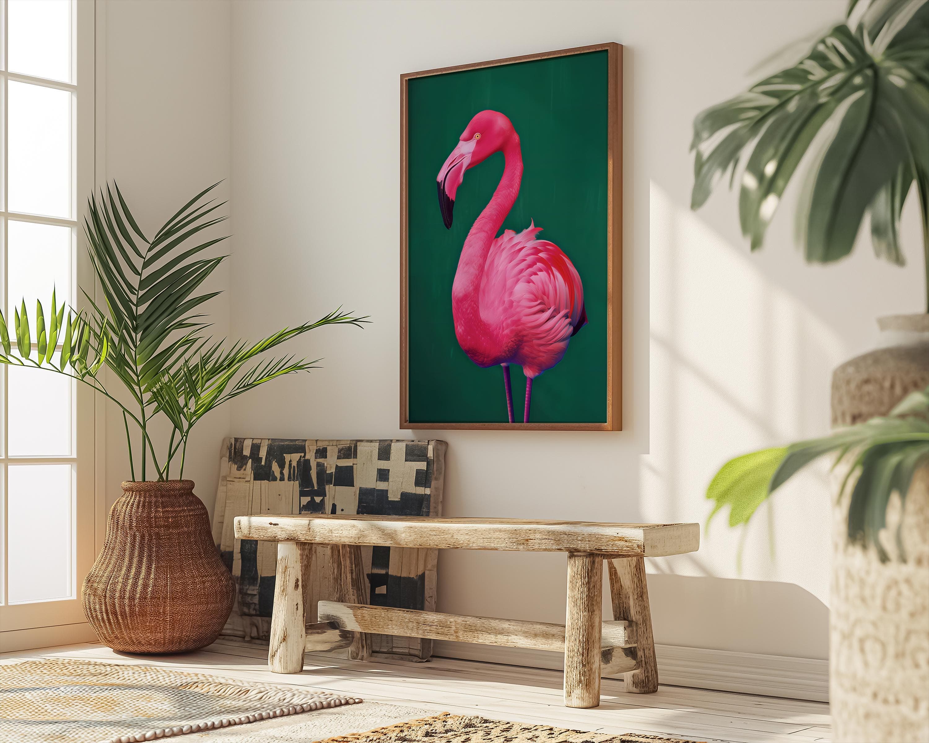 Bright Pink Flamingo Wall Art - Neon Colors with Emerald Green Background