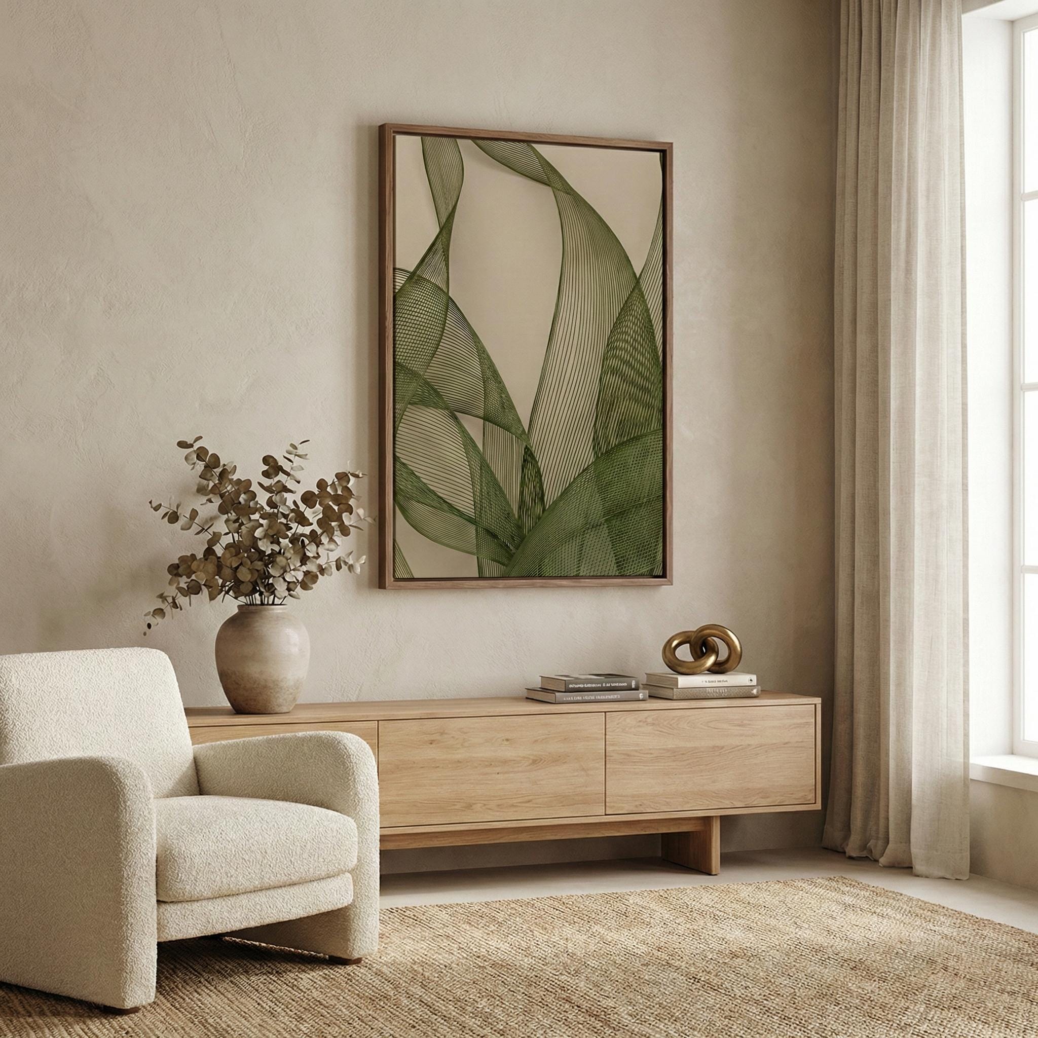 Abstract Olive Green Wall Art: Modern Sage and Beige Mesh Print