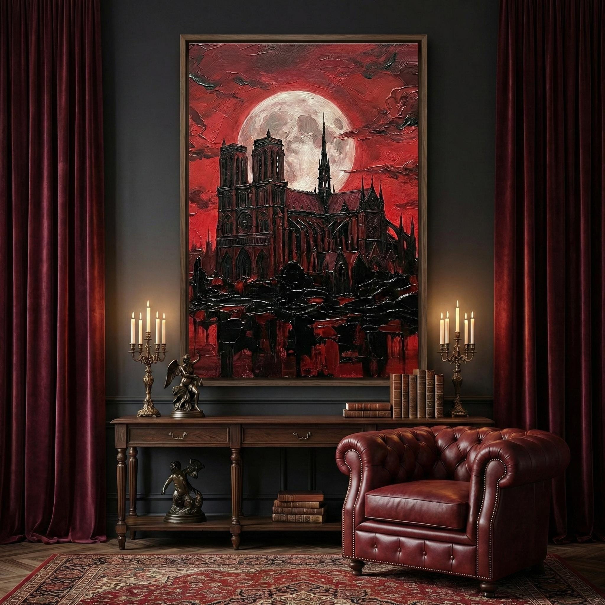 Gothic Cathedral Canvas Print, Blood Moon Cityscape (Dark Fantasy Decor)
