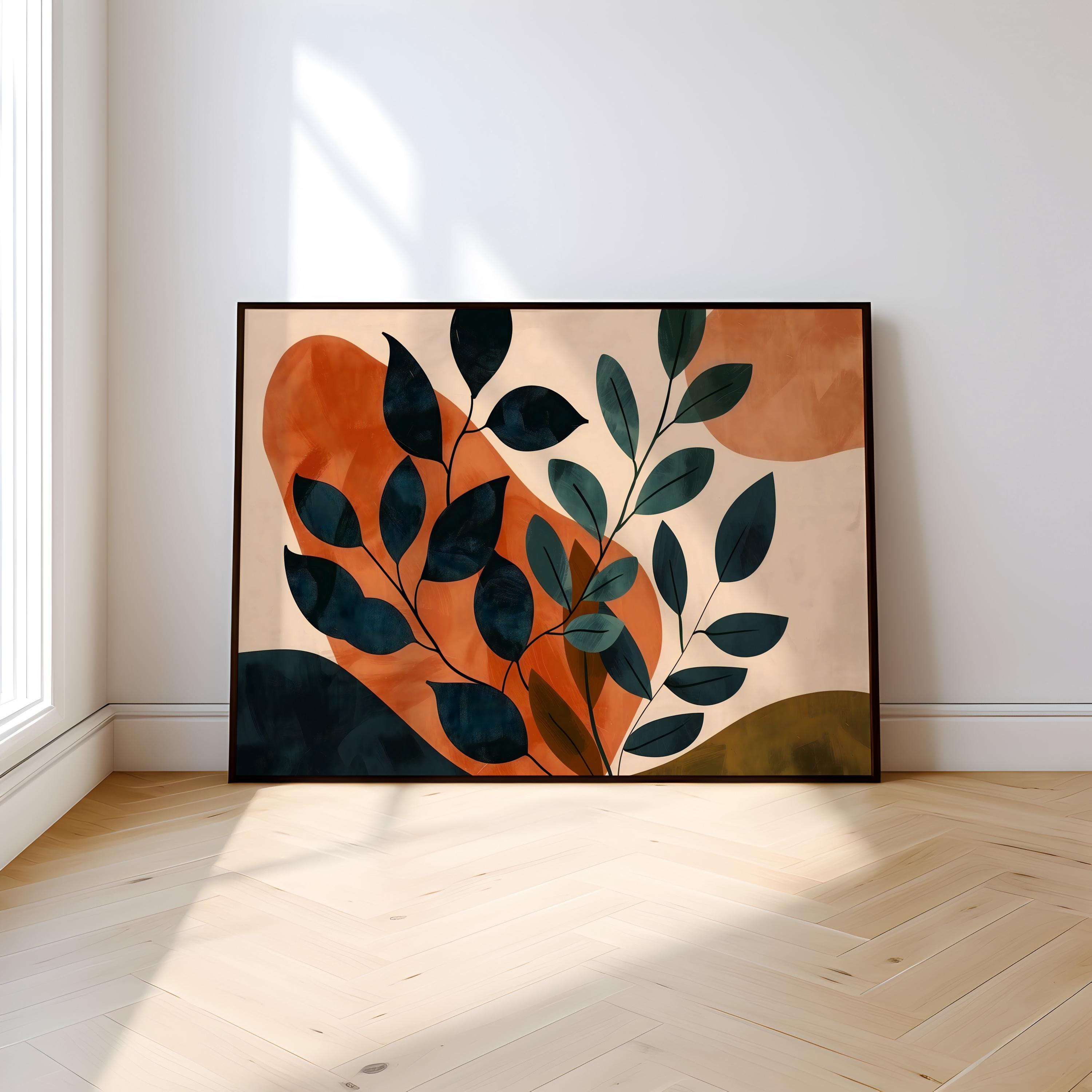Sunset Leaves: Modern Botanical Abstract Art | Warm Orange & Green Wall Decor