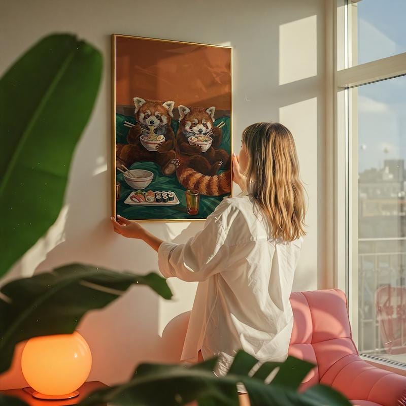 Funny Red Panda Wall Art: Cute Sushi Date - Cozy Kitchen Decor