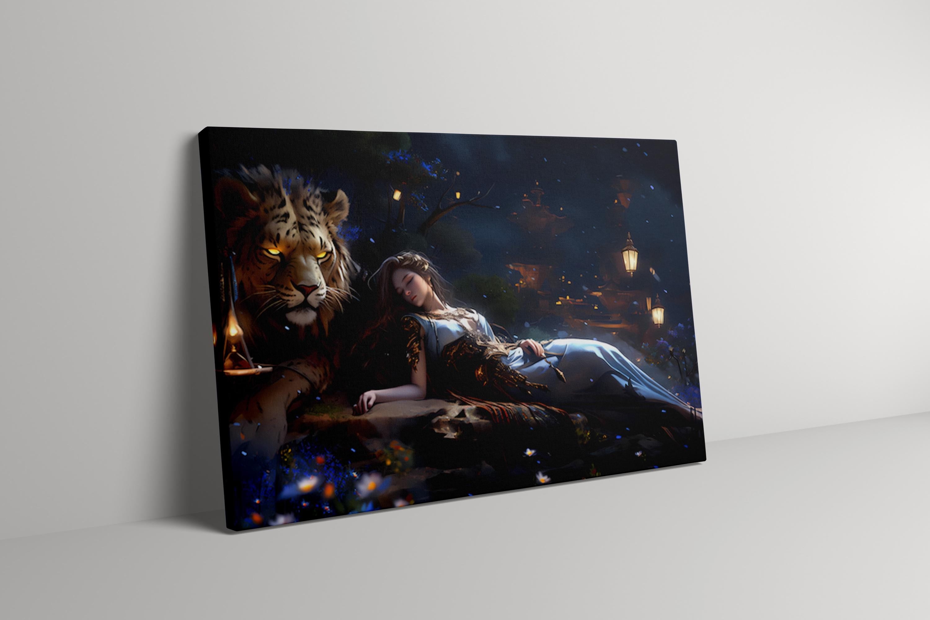 The Dream Guardian: Surreal Lion & Sleeping Woman Art | Mystical & Serene Wall Decor