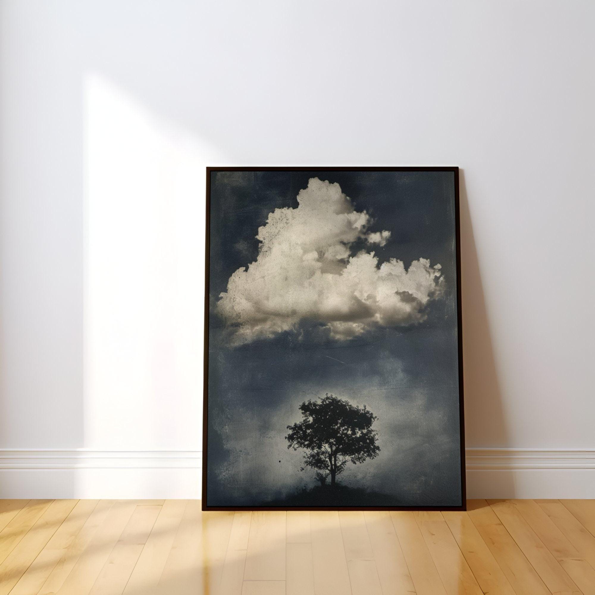 The Watcher Wall Art: Moody Tree and Cloud Scene, Vintage Style