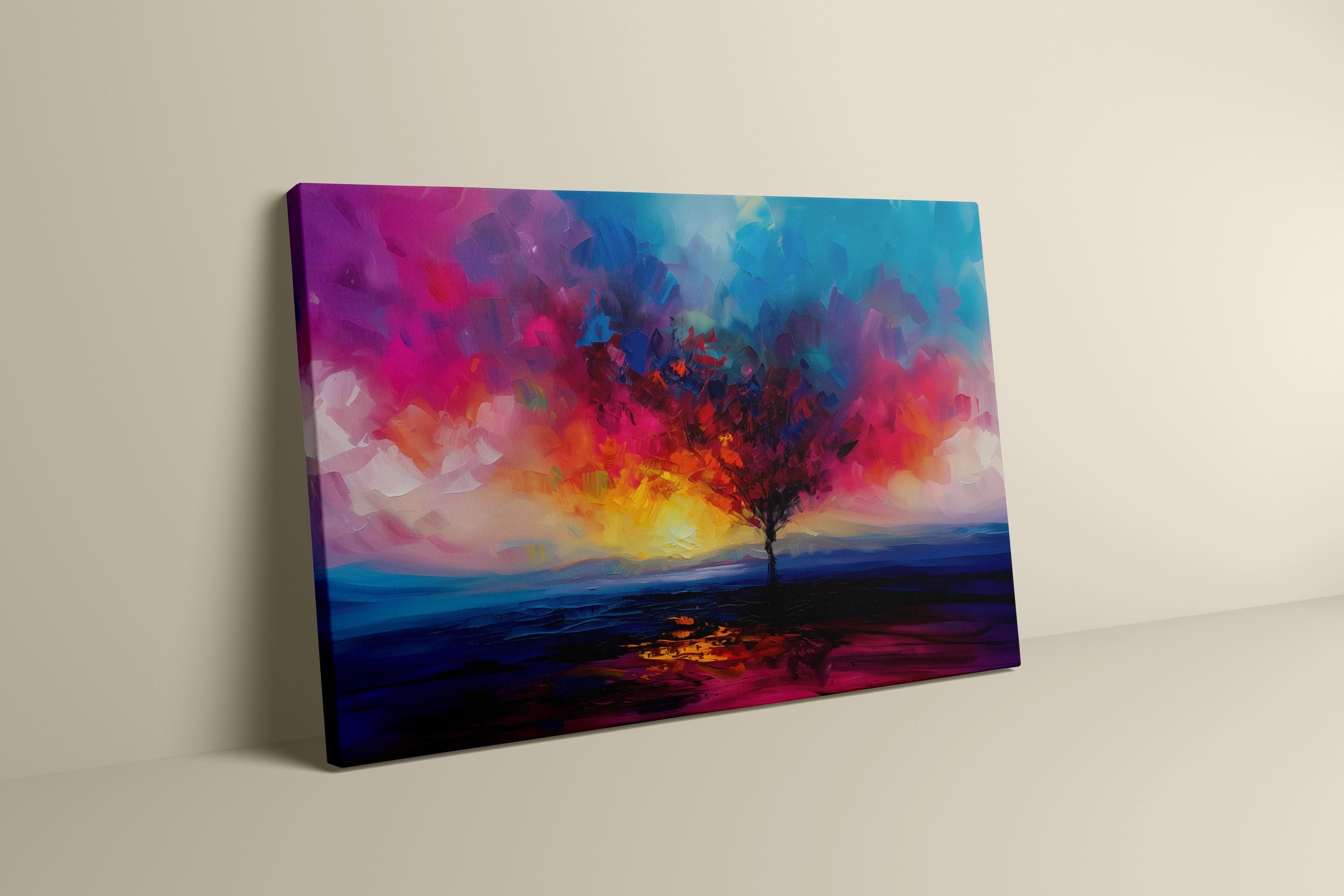 Chromatic Horizon: Vibrant Abstract Tree at Sunset | Colorful & Expressive Landscape Art