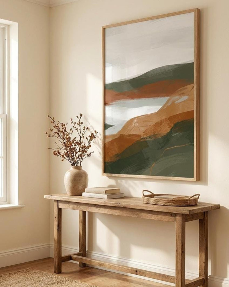 Terracotta Wall Art Print: Abstract Mountain Lake - Earth Tone Decor