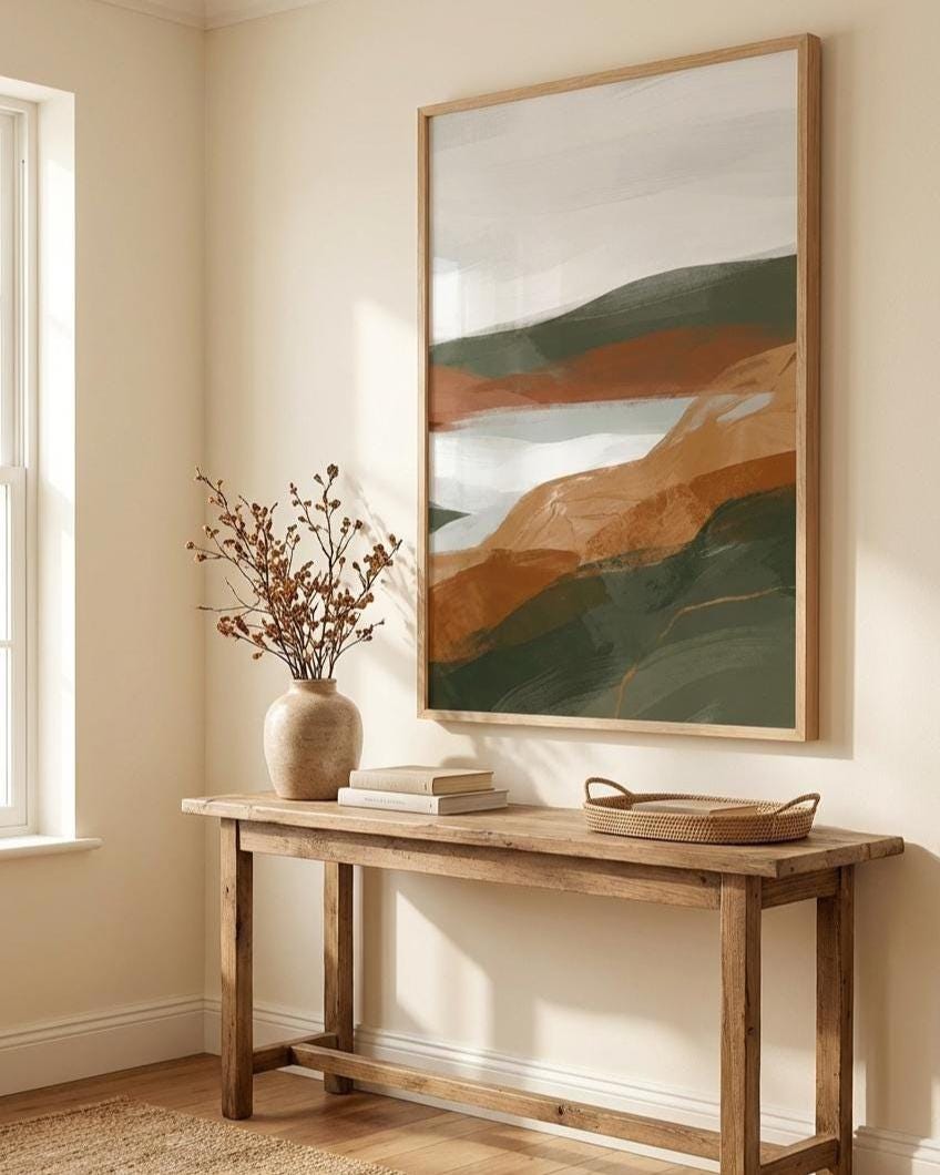 Terracotta Wall Art Print: Abstract Mountain Lake - Earth Tone Decor