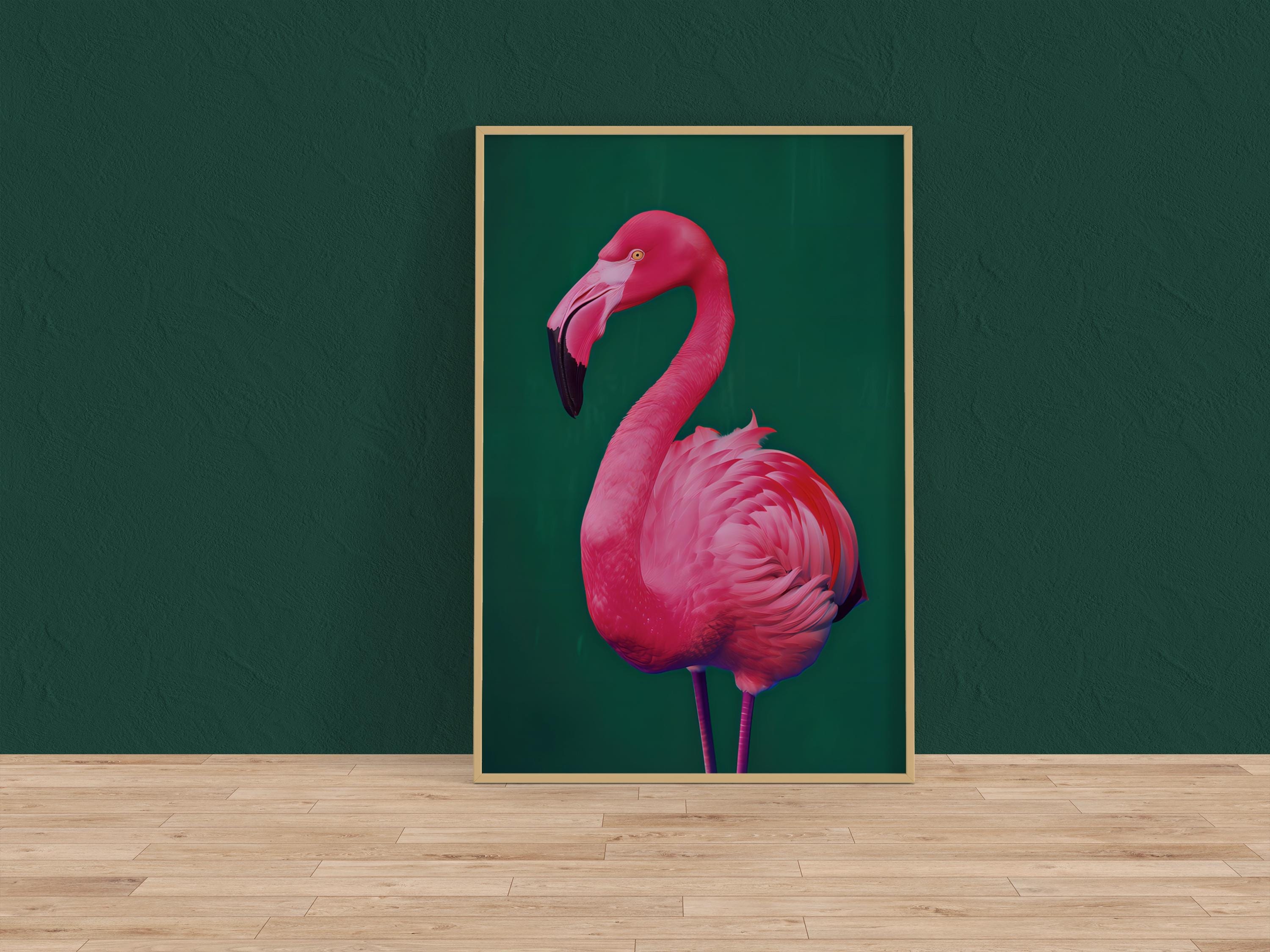 Bright Pink Flamingo Wall Art - Neon Colors with Emerald Green Background