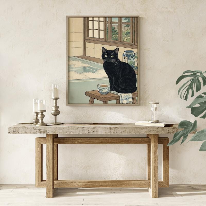 Ukiyo-e Black Cat Wall Art - Japanese Onsen Bathhouse Scene