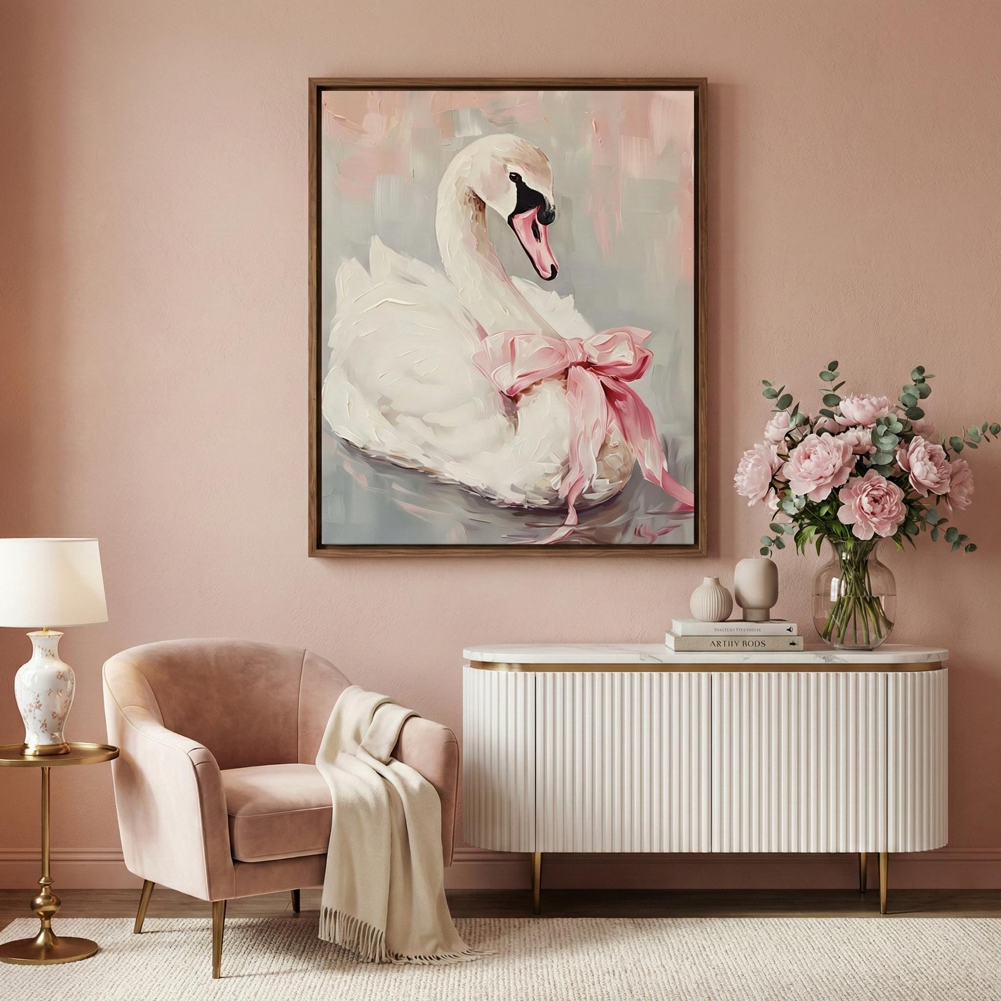 Ballerina Swan Art Print: Elegant Pink Bow, Soft Pastel Wall Decor