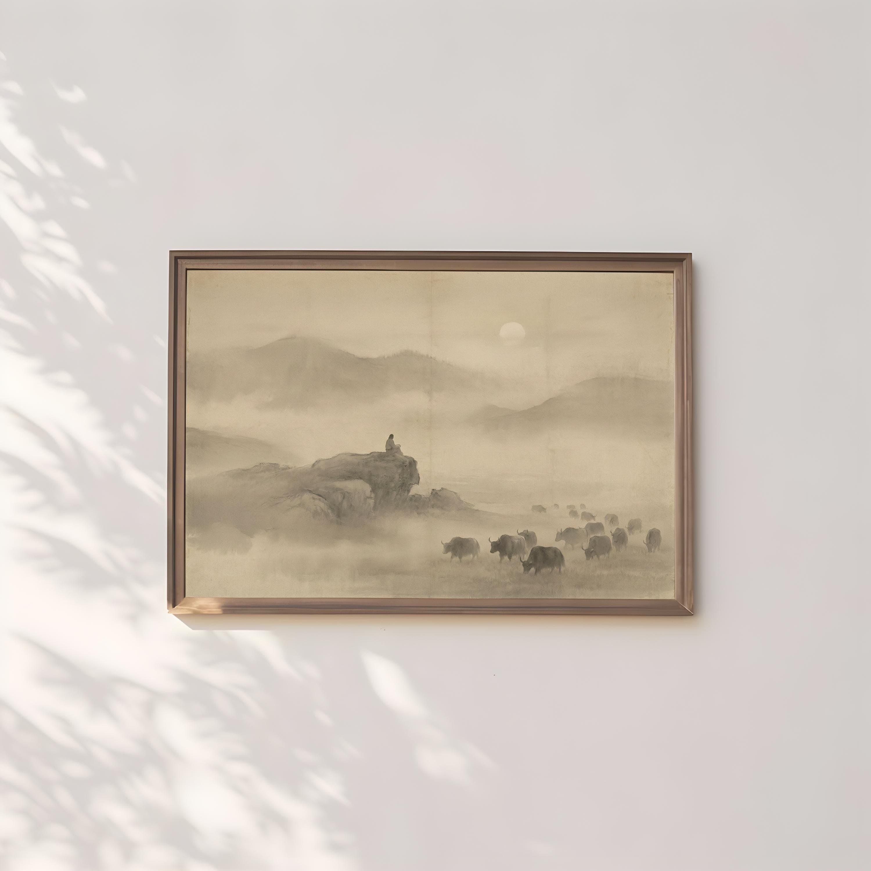 Misty Mountain Landscape: Zen Ink Wash Art (Sepia Tone)