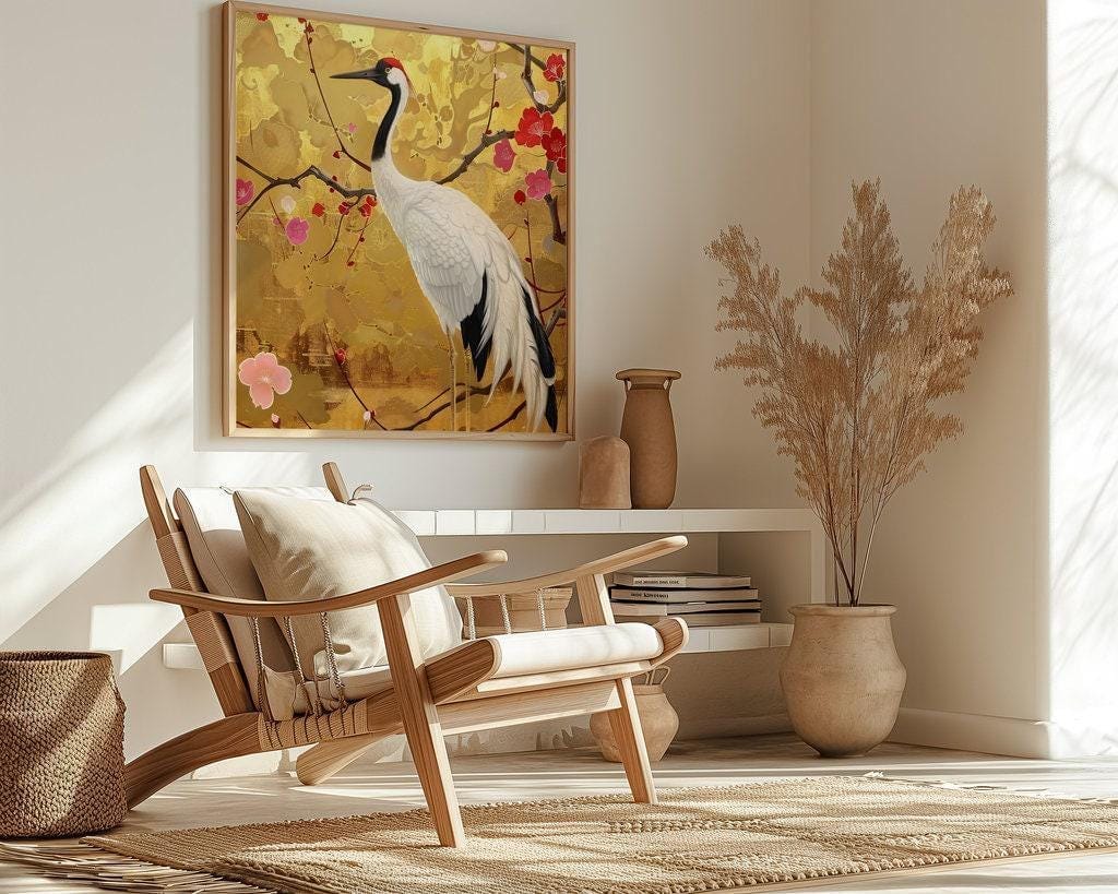 Graceful Crane Wall Art: Vibrant Floral Canvas with QR Code