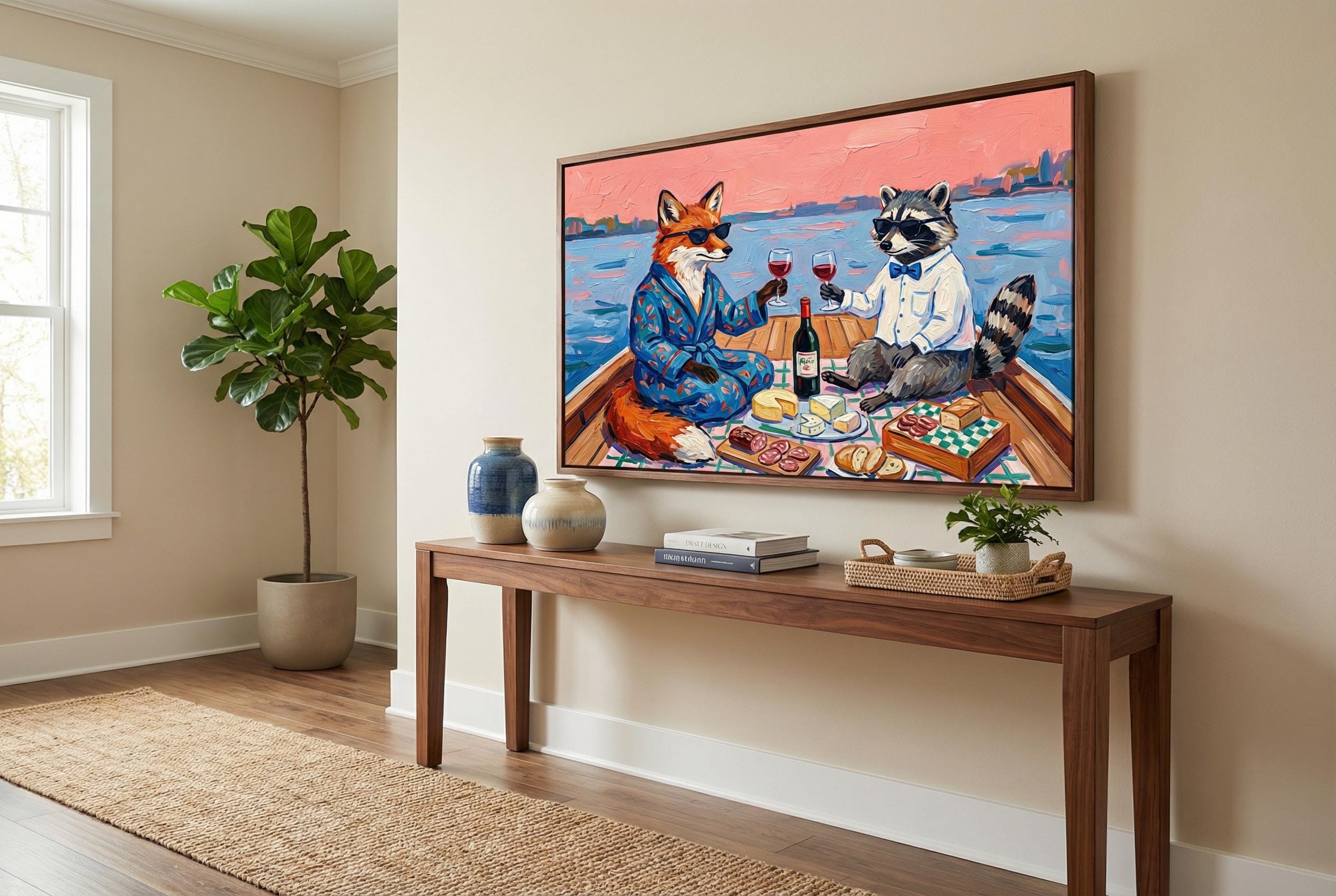Animal Picnic Wall Art Print, Playful Scene (Matte, Canvas, Framed)