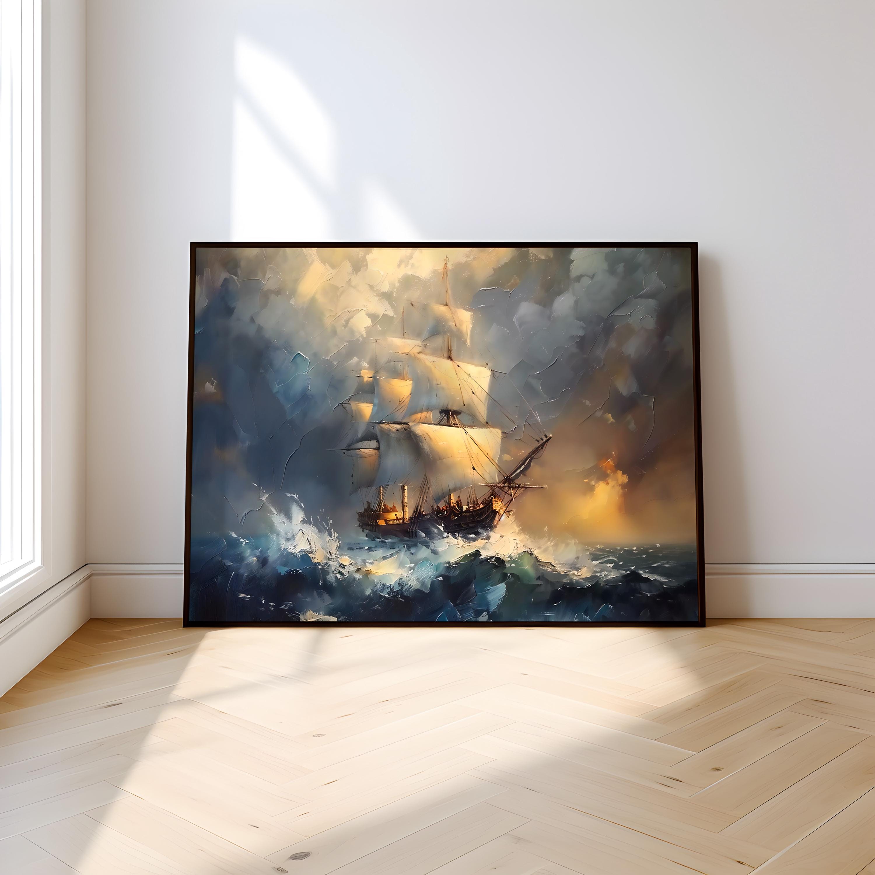 The Unconquered: Classical Stormy Sea Ship Painting | Dramatic Nautical Adventure Art