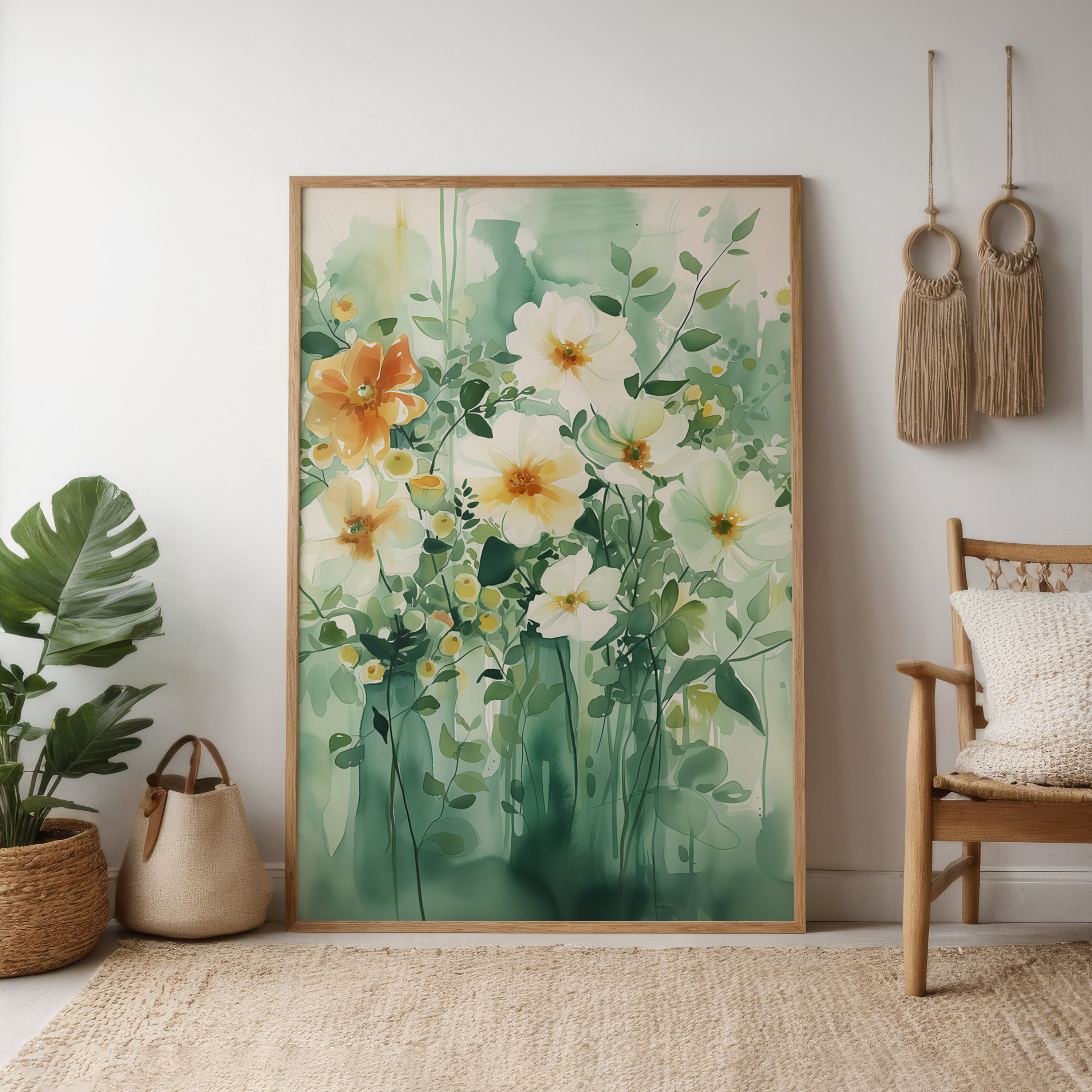 Verdant Bloom: Green & White Abstract Floral Watercolor | Serene & Elegant Botanical Wall Art