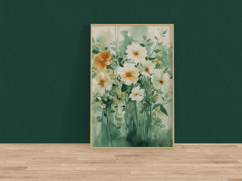 Botanical Wall Art – Verdant Bloom Green & White Abstract Floral Watercolor Painting