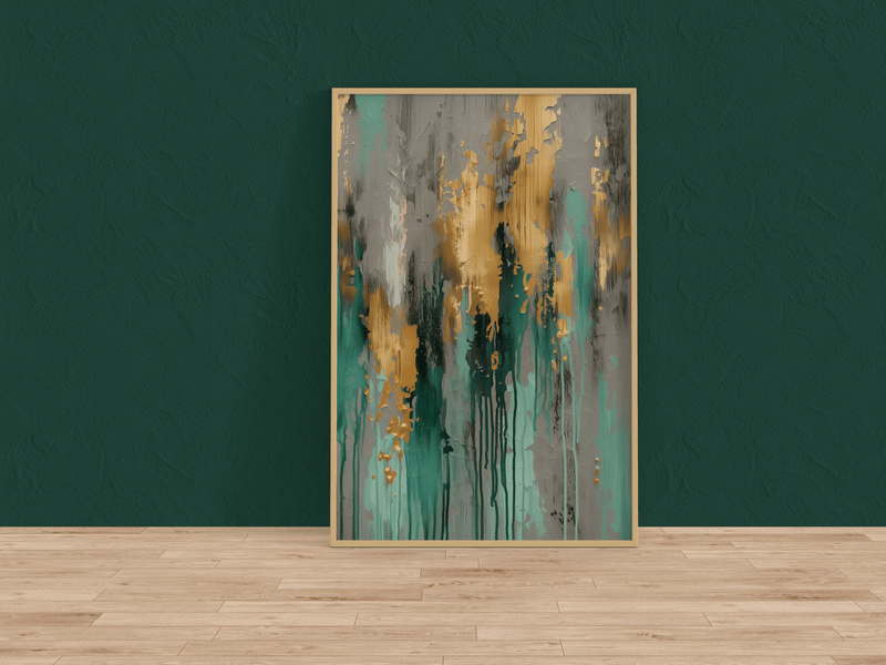Abstract Dripping Paint Art – Moody Gold & Teal Canvas | Sophisticated Wall Decor
