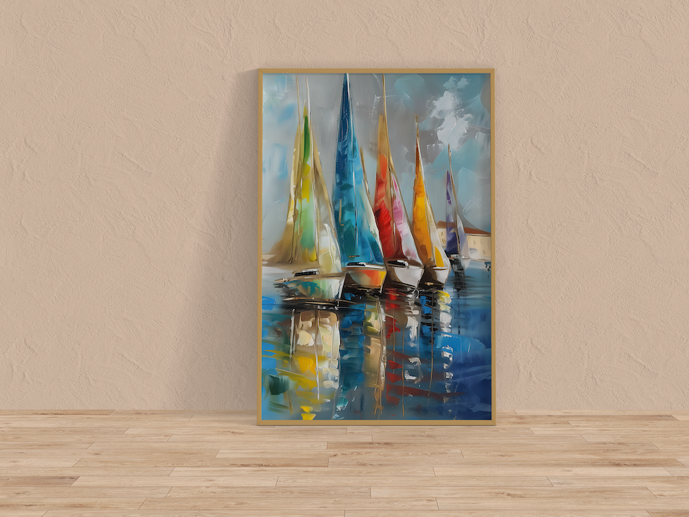 The Golden Fleet: Large Sailboat & Harbor Art | Gold Textured & Vibrant Coastal Decor