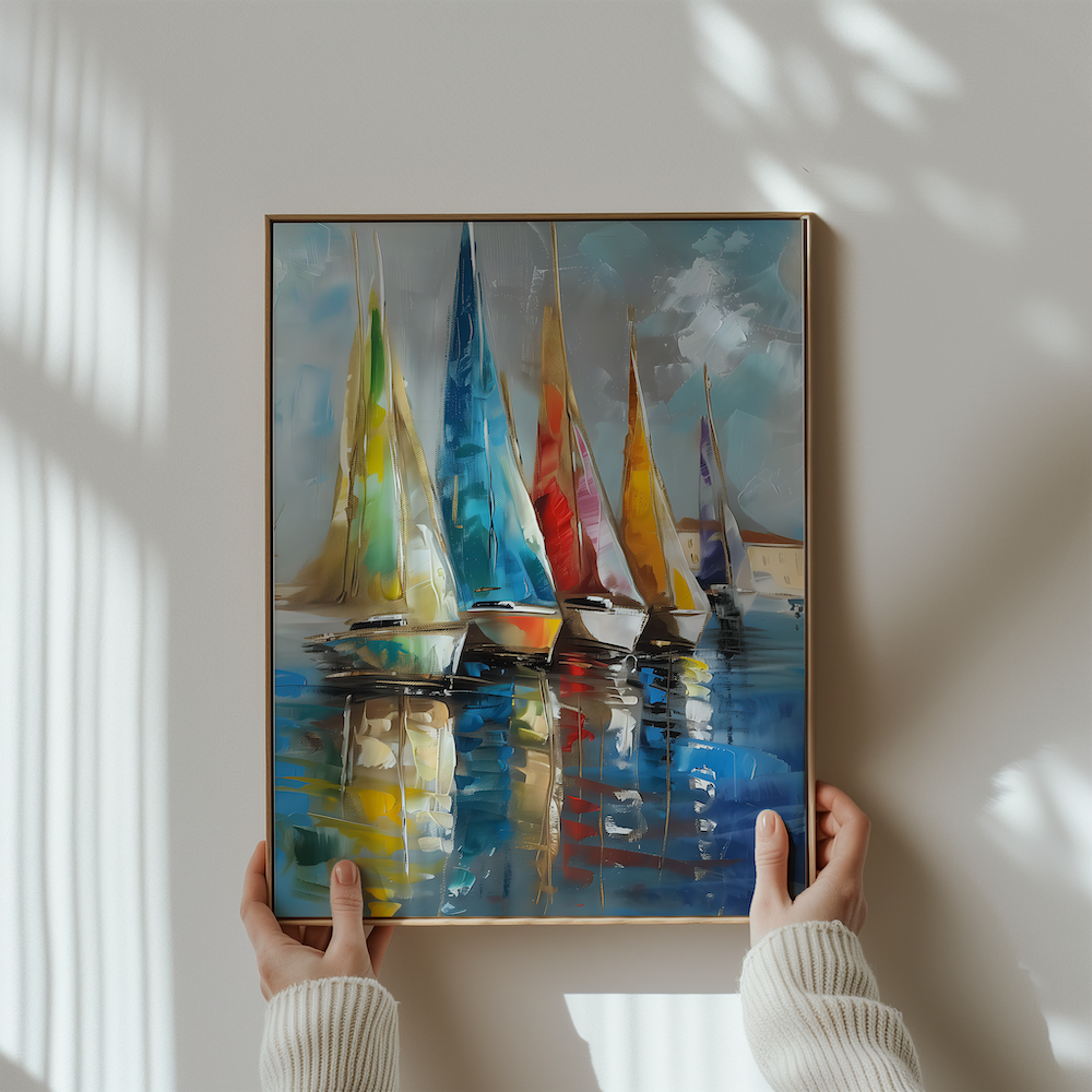 The Golden Fleet: Large Sailboat & Harbor Art | Gold Textured & Vibrant Coastal Decor