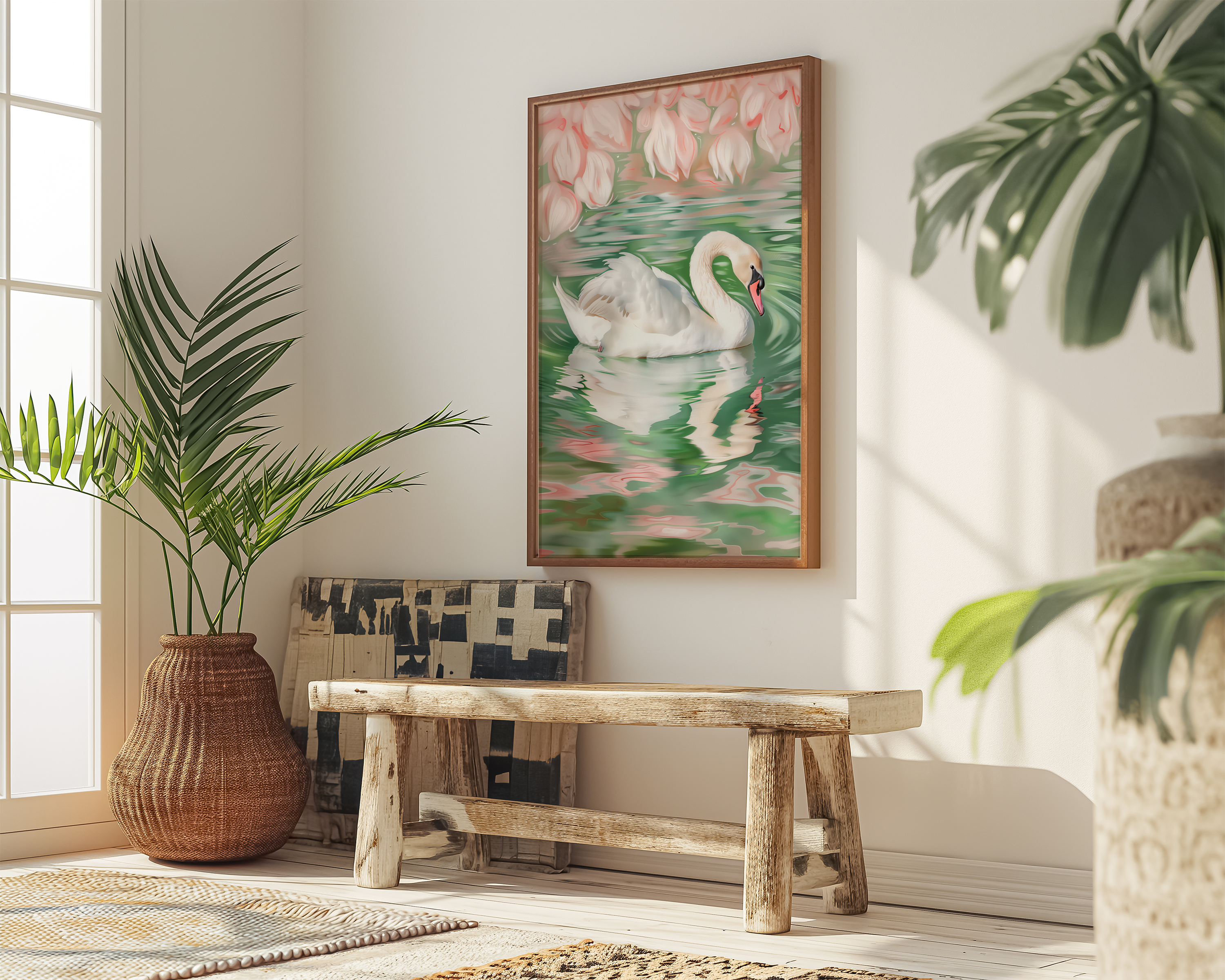 The Unfolding: Raw & Serene Swan Art in Pink & Green | Modern, Unrefined Wall Decor
