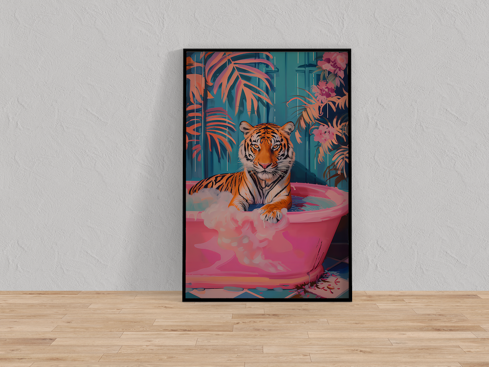 The Royal Bather: Chic Tiger in Pink Bathtub Art | Maximalist & Preppy Bathroom Decor