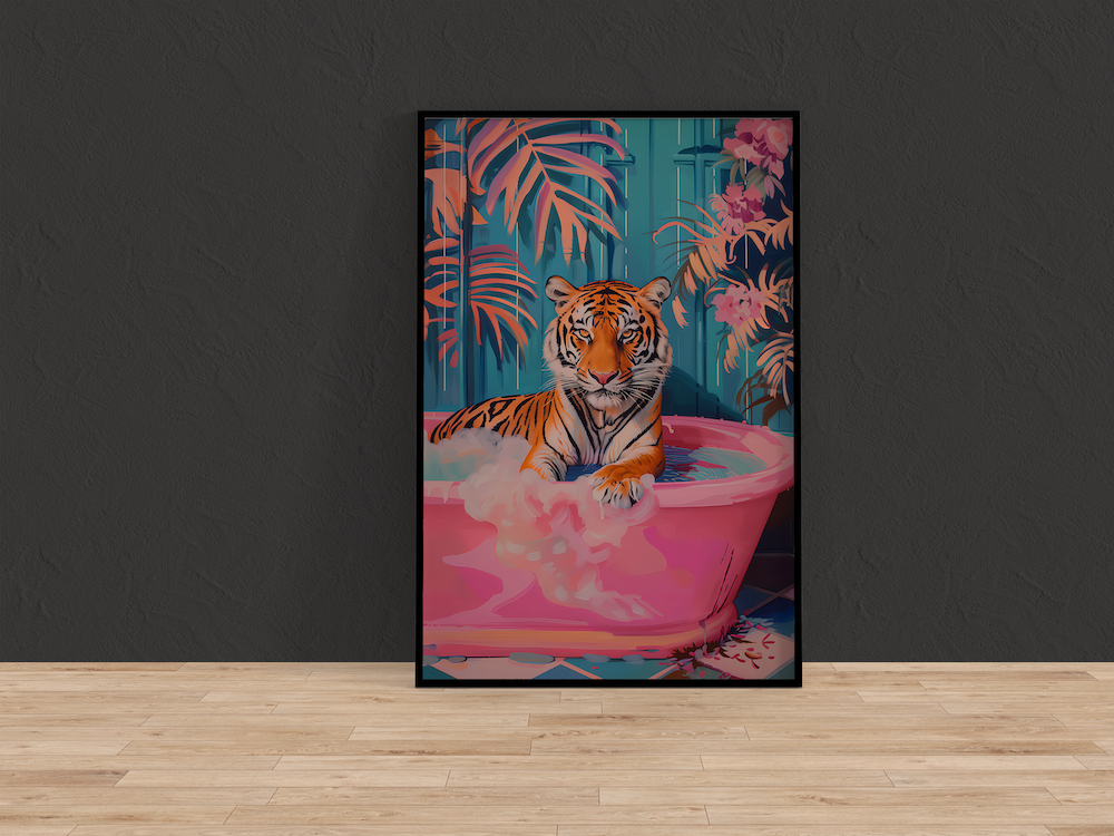 The Royal Bather: Chic Tiger in Pink Bathtub Art | Maximalist & Preppy Bathroom Decor