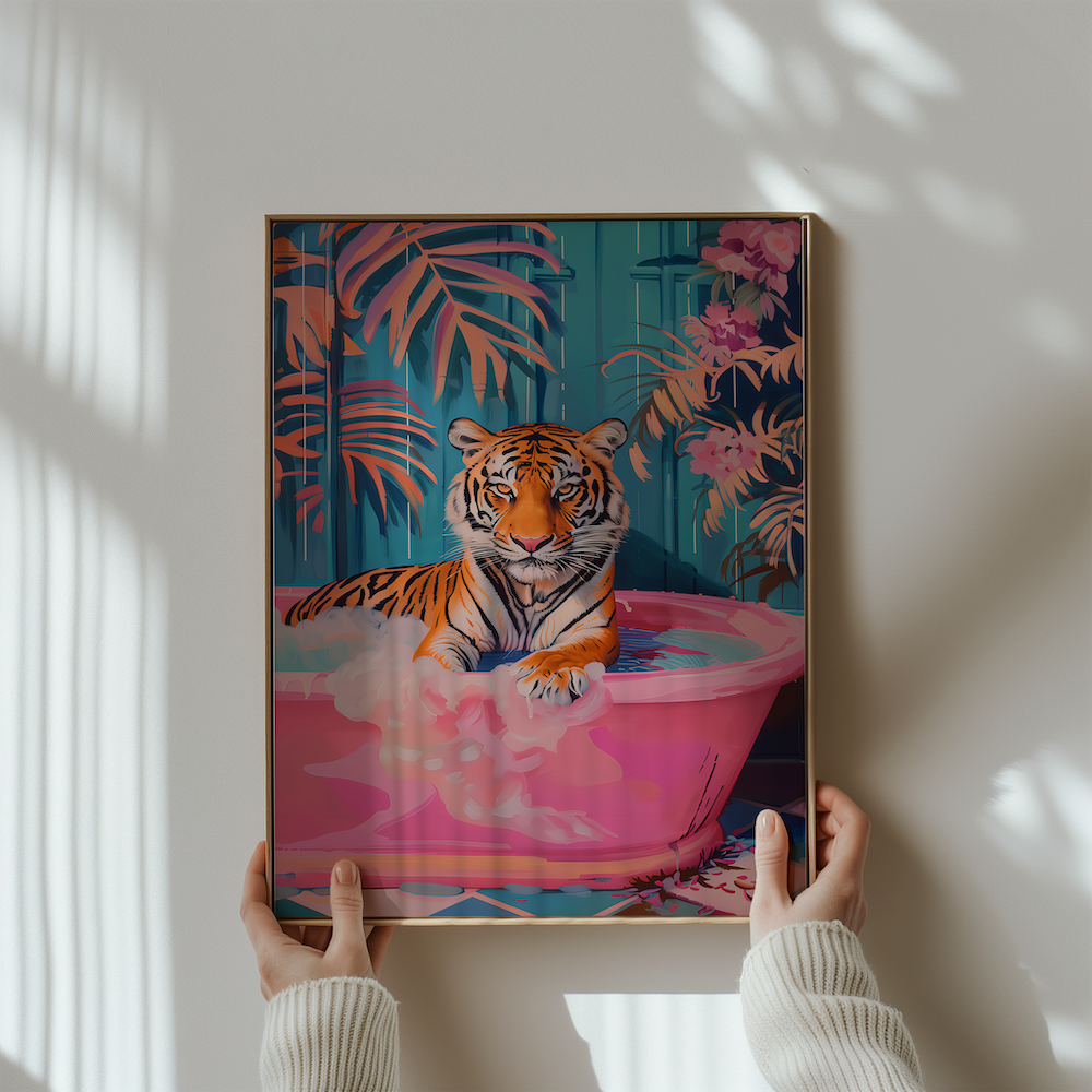 The Royal Bather: Chic Tiger in Pink Bathtub Art | Maximalist & Preppy Bathroom Decor